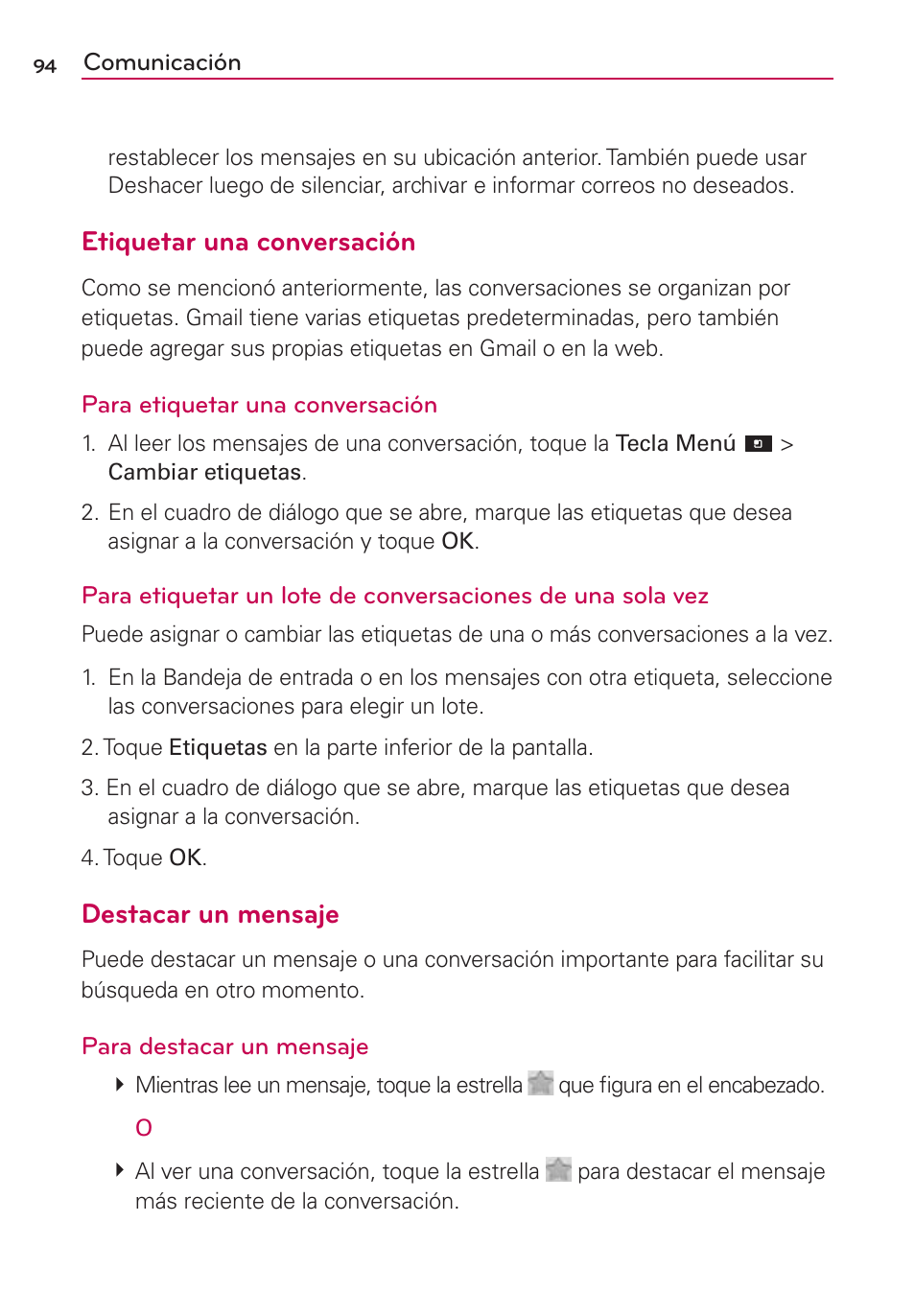 Etiquetar una conversación, Destacar un mensaje | LG CONNECT 4G MFL67218101 User Manual | Page 300 / 415