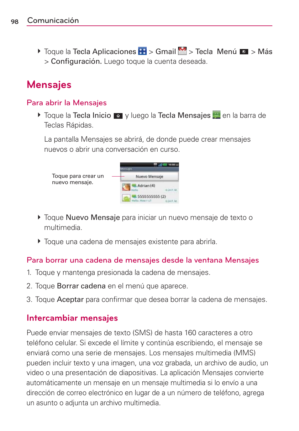 Mensajes, Intercambiar mensajes | LG CONNECT 4G MFL67218101 User Manual | Page 304 / 415
