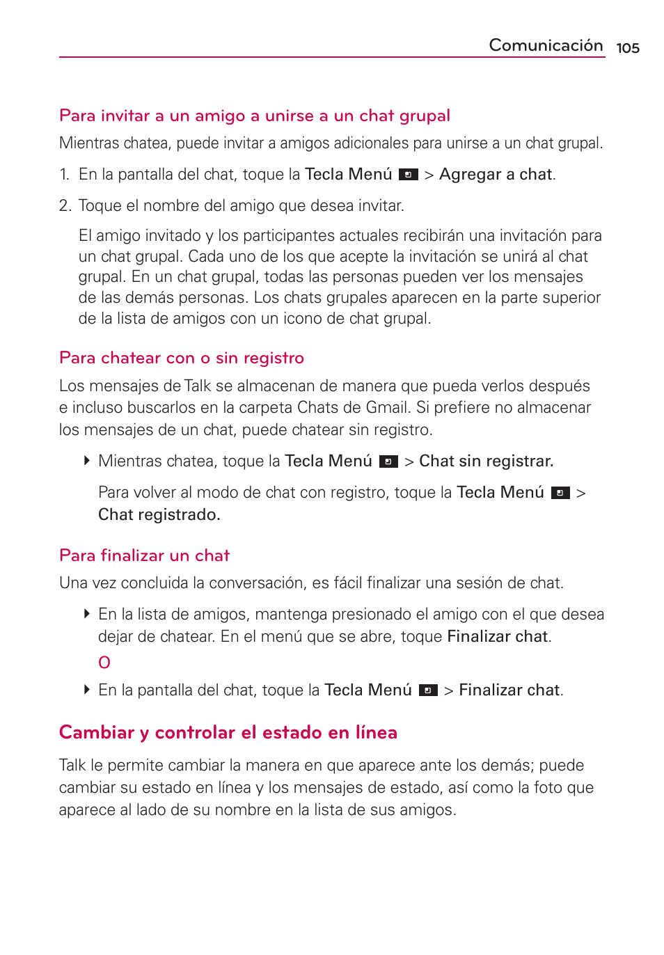 Cambiar y controlar el estado en línea | LG CONNECT 4G MFL67218101 User Manual | Page 311 / 415