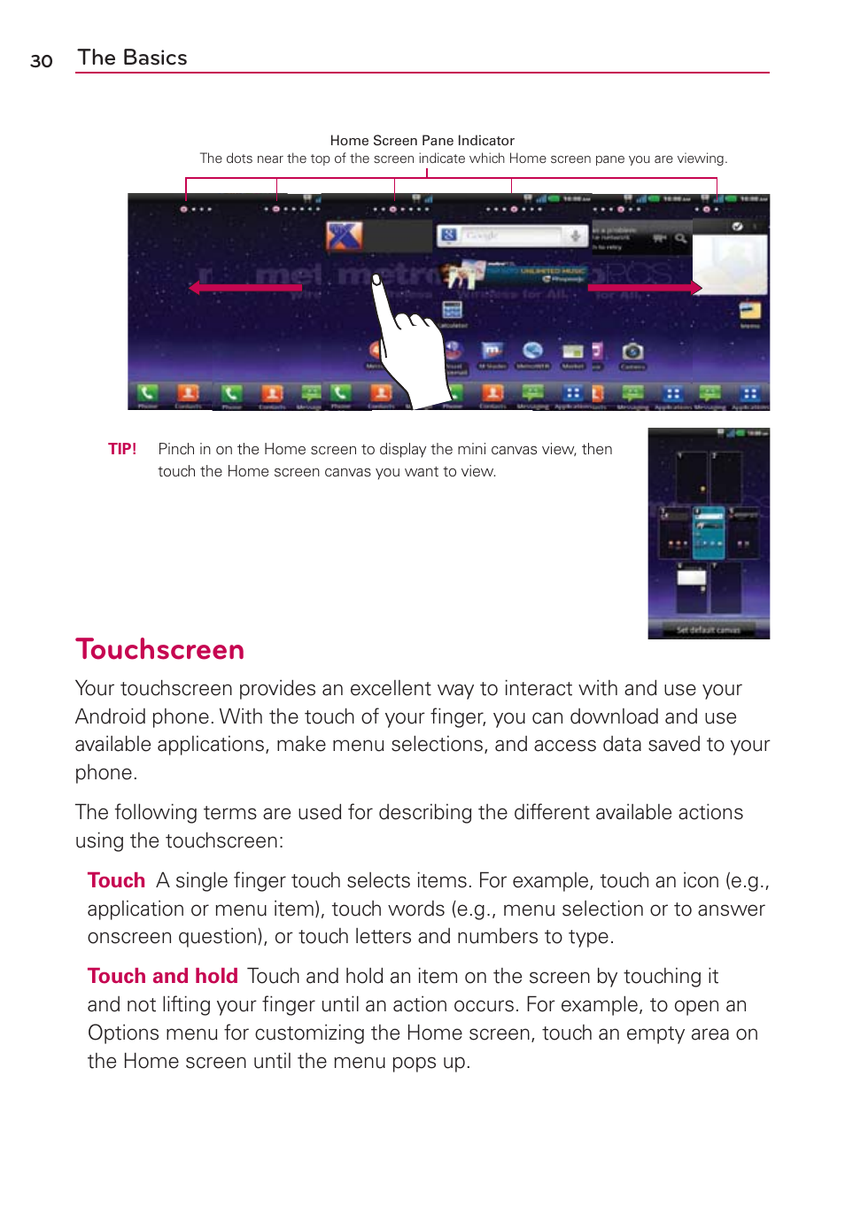 Touchscreen, The basics | LG CONNECT 4G MFL67218101 User Manual | Page 32 / 415