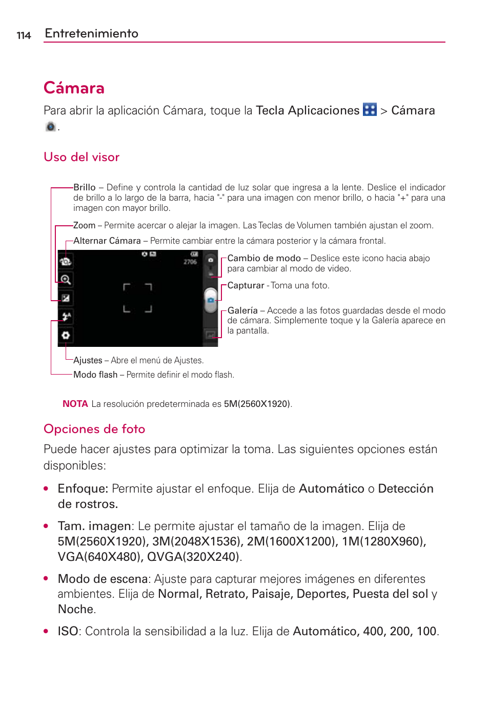 Cámara, Uso del visor, Opciones de foto | Entretenimiento | LG CONNECT 4G MFL67218101 User Manual | Page 320 / 415