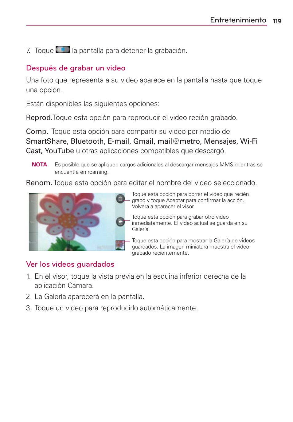 Entretenimiento, Después de grabar un video, Ver los videos guardados | LG CONNECT 4G MFL67218101 User Manual | Page 325 / 415