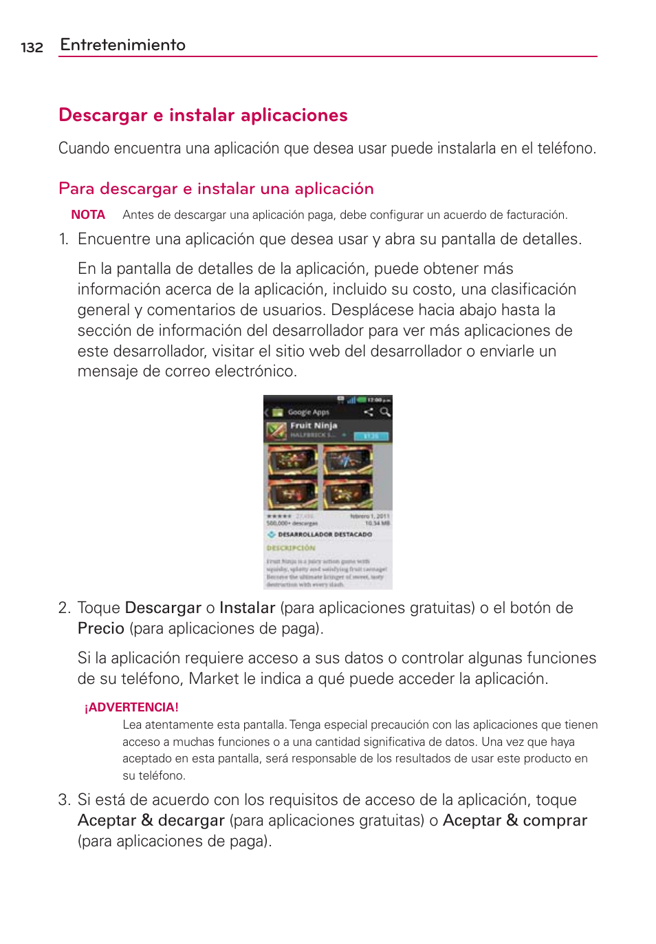 Descargar e instalar aplicaciones, Entretenimiento, Para descargar e instalar una aplicación | LG CONNECT 4G MFL67218101 User Manual | Page 338 / 415
