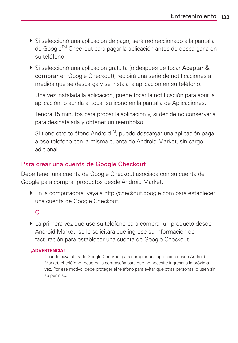 Entretenimiento, Para crear una cuenta de google checkout | LG CONNECT 4G MFL67218101 User Manual | Page 339 / 415
