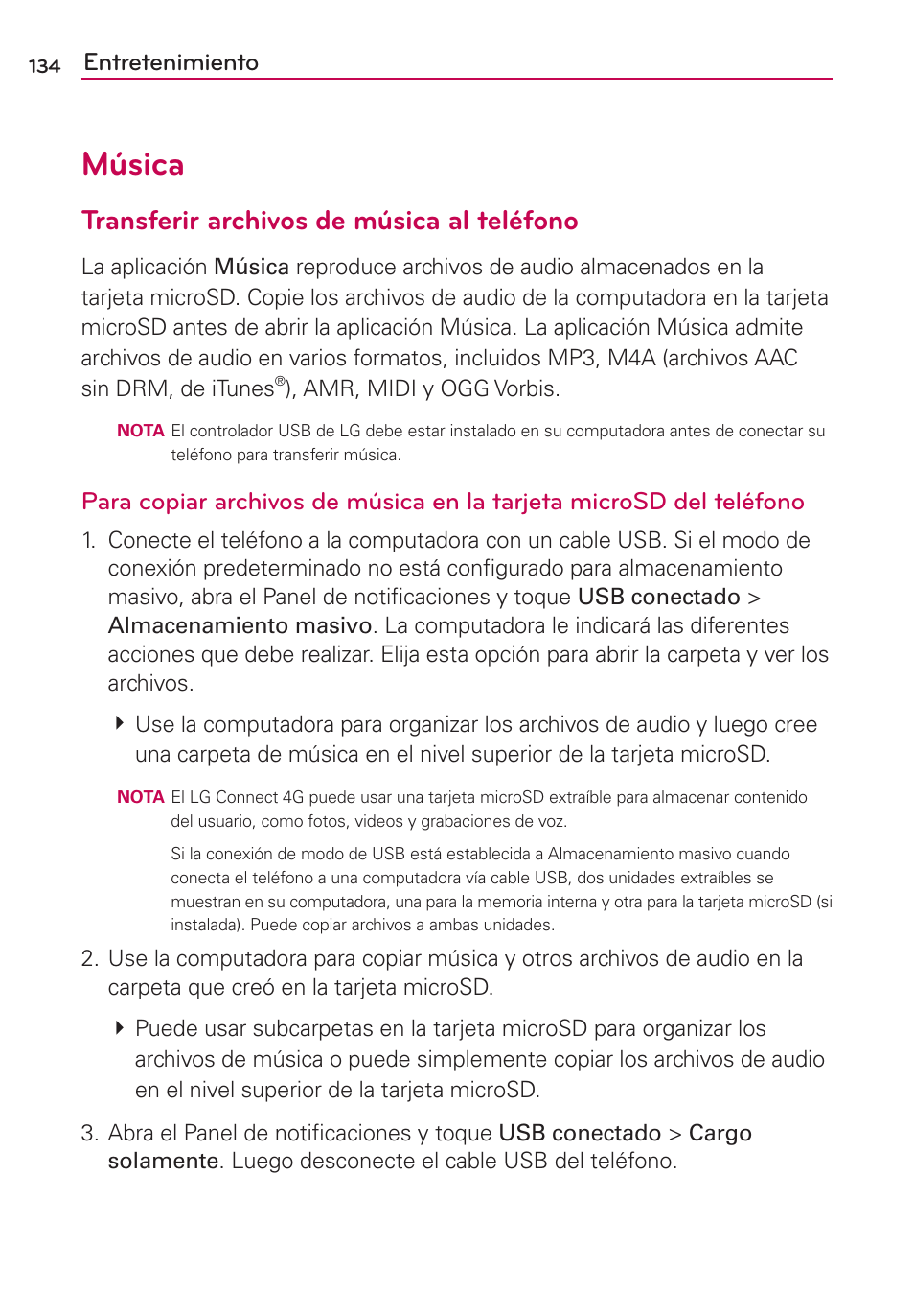 Música, Transferir archivos de música al teléfono, Entretenimiento | LG CONNECT 4G MFL67218101 User Manual | Page 340 / 415