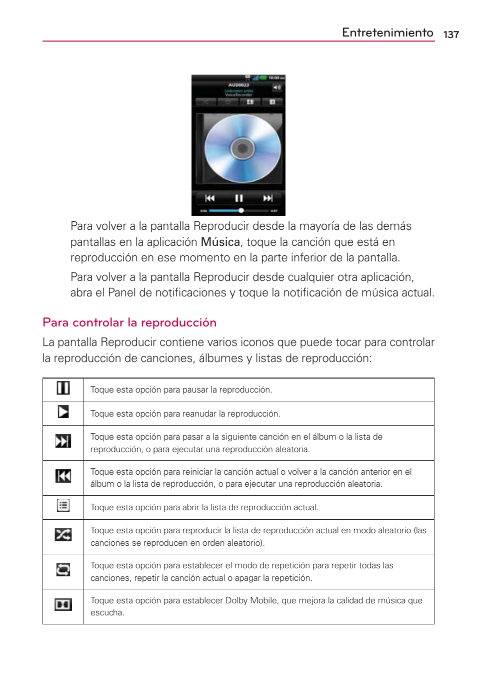 Entretenimiento, Para controlar la reproducción | LG CONNECT 4G MFL67218101 User Manual | Page 343 / 415