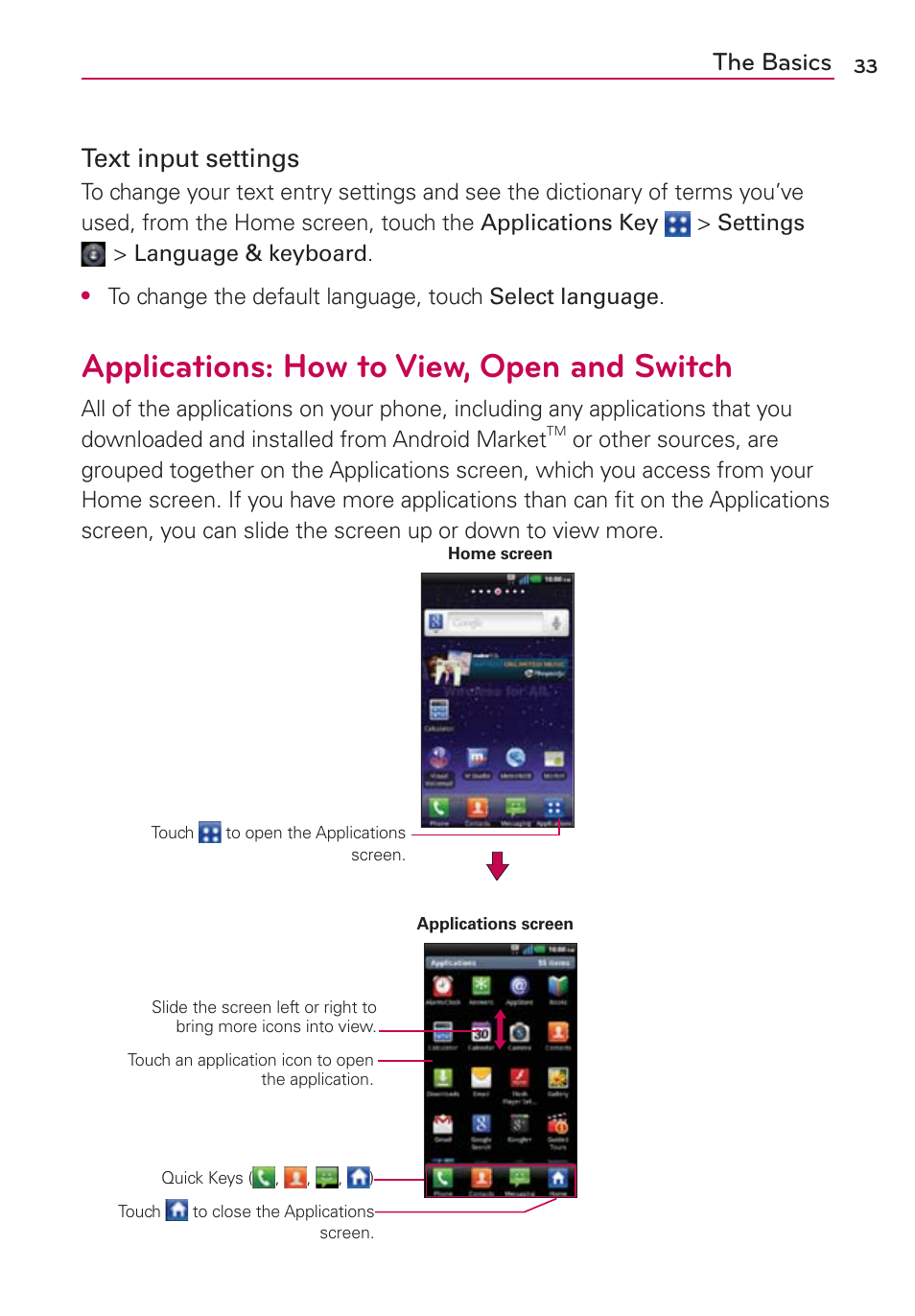 Applications: how to view, open and switch, The basics text input settings | LG CONNECT 4G MFL67218101 User Manual | Page 35 / 415