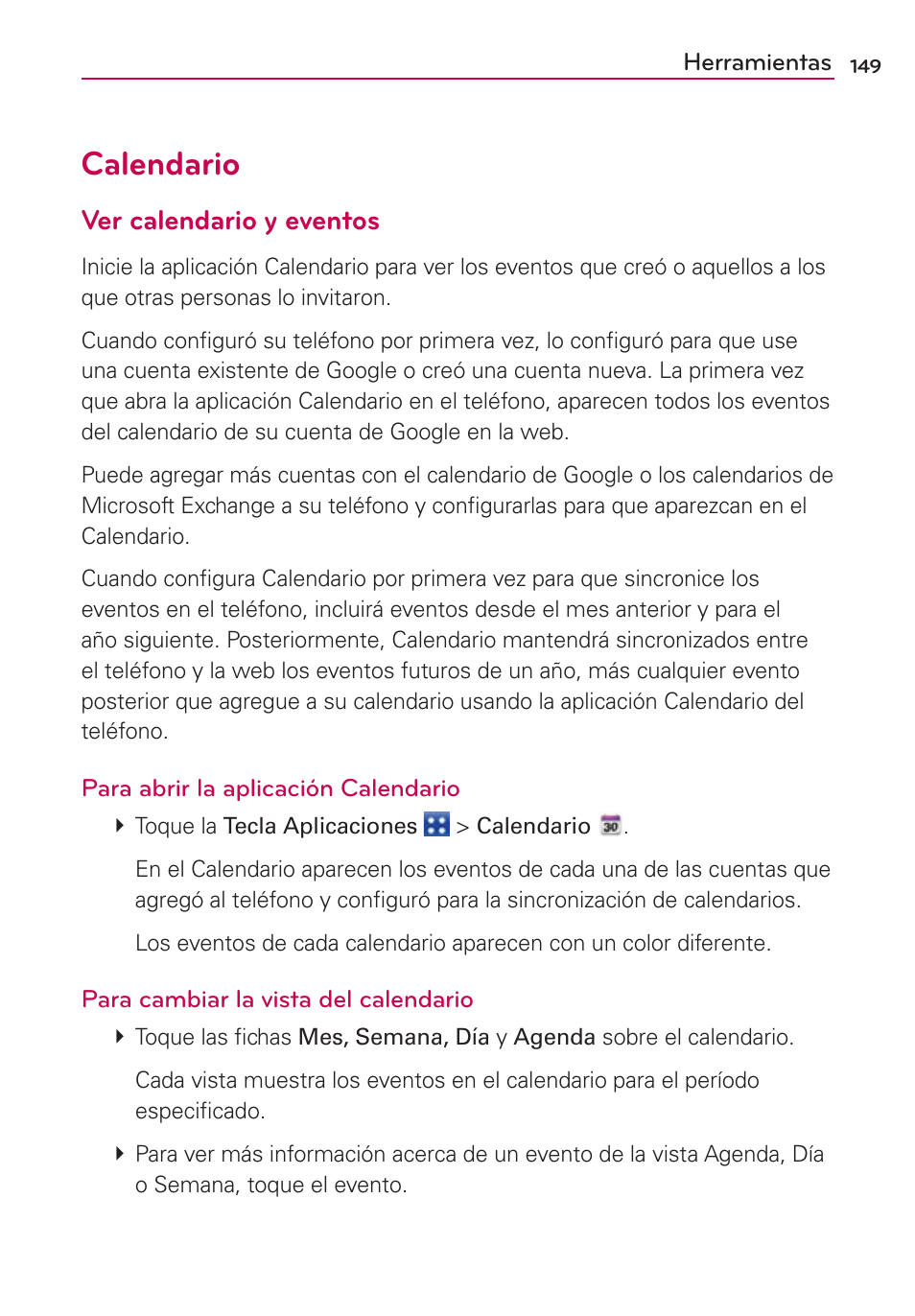 Calendario, Ver calendario y eventos | LG CONNECT 4G MFL67218101 User Manual | Page 355 / 415