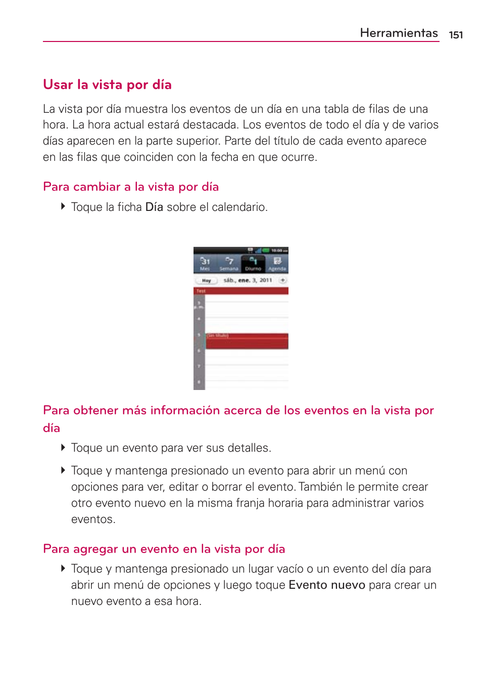 Usar la vista por día | LG CONNECT 4G MFL67218101 User Manual | Page 357 / 415