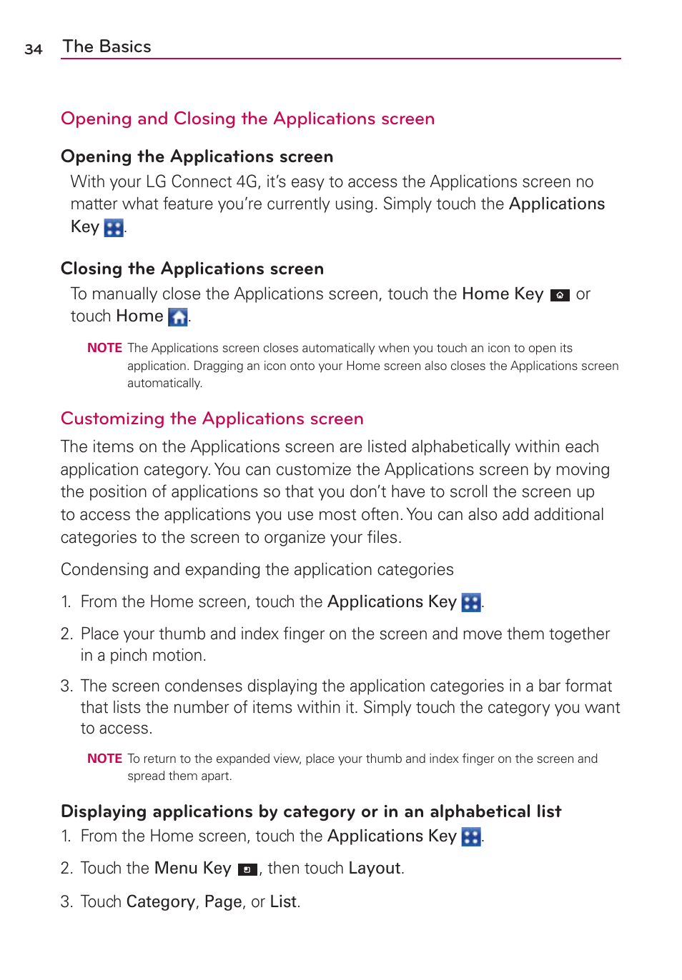Closing the applications screen, Customizing the applications screen | LG CONNECT 4G MFL67218101 User Manual | Page 36 / 415