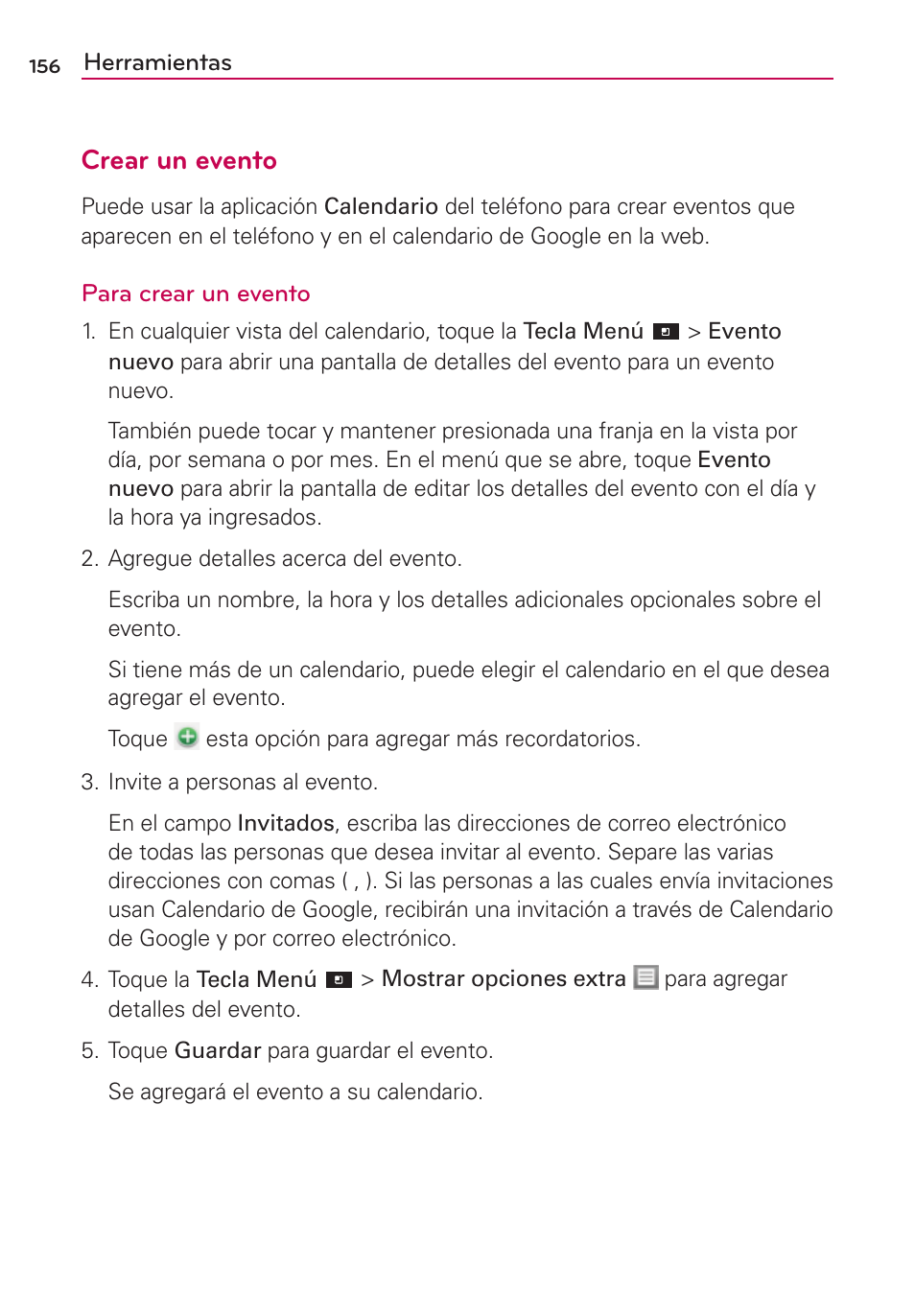 Crear un evento | LG CONNECT 4G MFL67218101 User Manual | Page 362 / 415