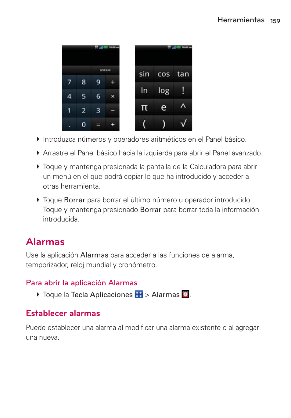 Alarmas, Establecer alarmas | LG CONNECT 4G MFL67218101 User Manual | Page 365 / 415