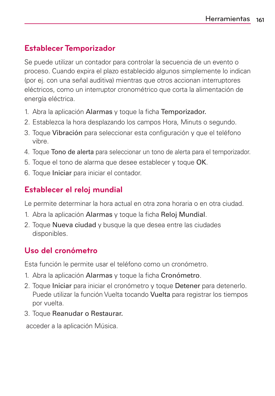 Establecer temporizador, Establecer el reloj mundial, Uso del cronómetro | LG CONNECT 4G MFL67218101 User Manual | Page 367 / 415
