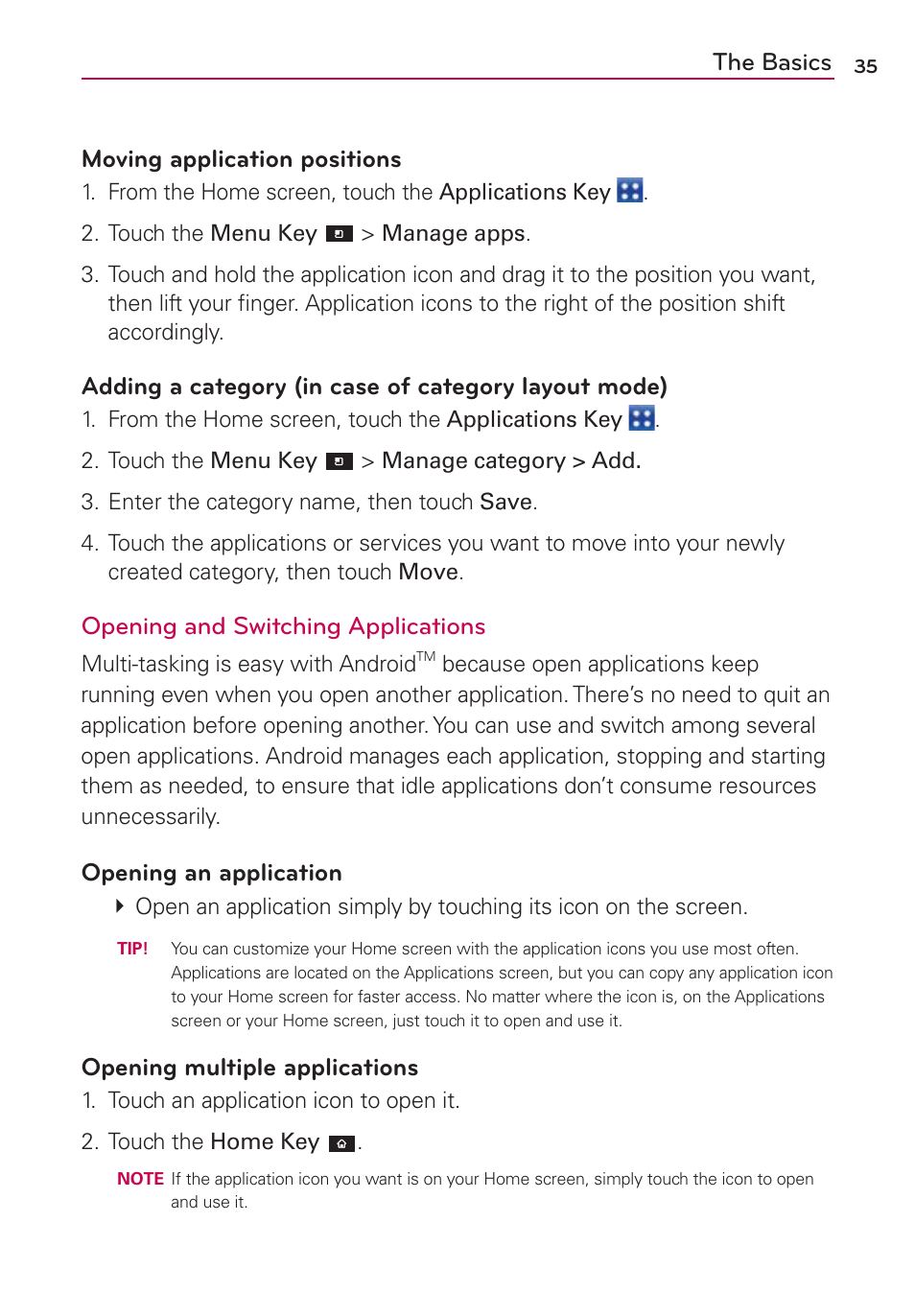 The basics moving application positions, Opening and switching applications, Opening an application | Opening multiple applications | LG CONNECT 4G MFL67218101 User Manual | Page 37 / 415