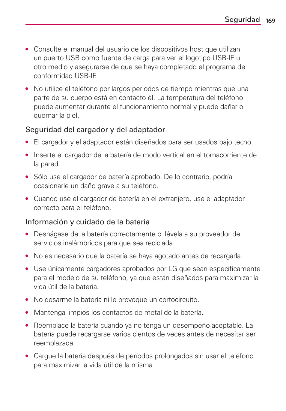 Seguridad, Seguridad del cargador y del adaptador, Información y cuidado de la batería | LG CONNECT 4G MFL67218101 User Manual | Page 375 / 415