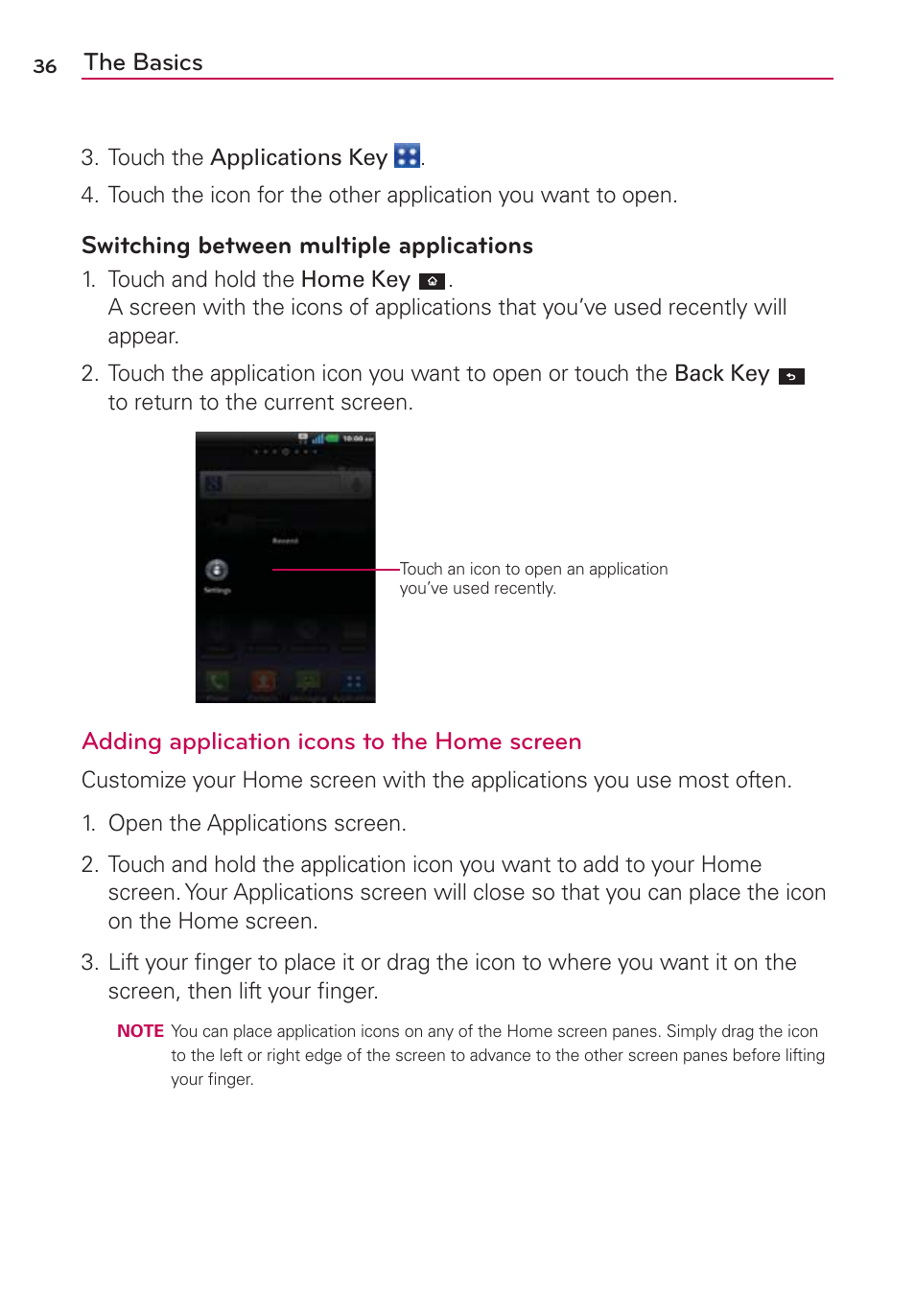 The basics, Switching between multiple applications, Adding application icons to the home screen | LG CONNECT 4G MFL67218101 User Manual | Page 38 / 415