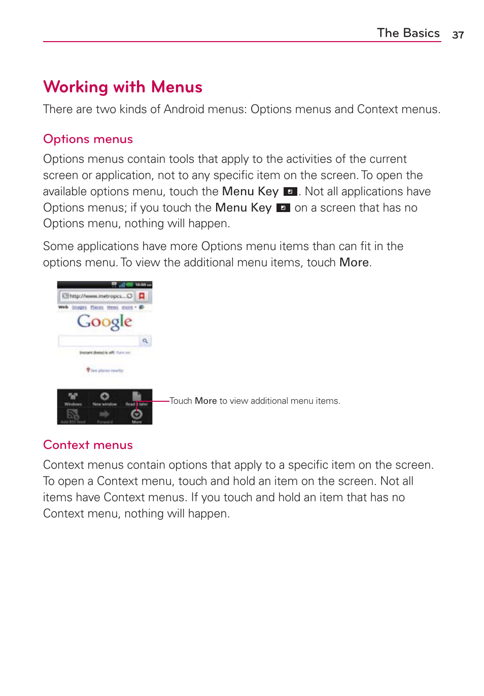 Working with menus | LG CONNECT 4G MFL67218101 User Manual | Page 39 / 415