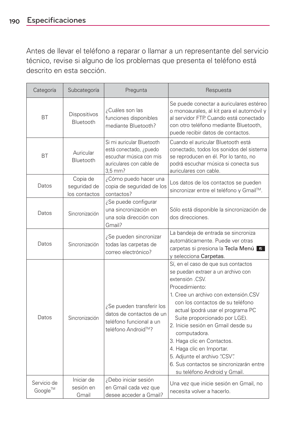 Especiﬁcaciones | LG CONNECT 4G MFL67218101 User Manual | Page 396 / 415
