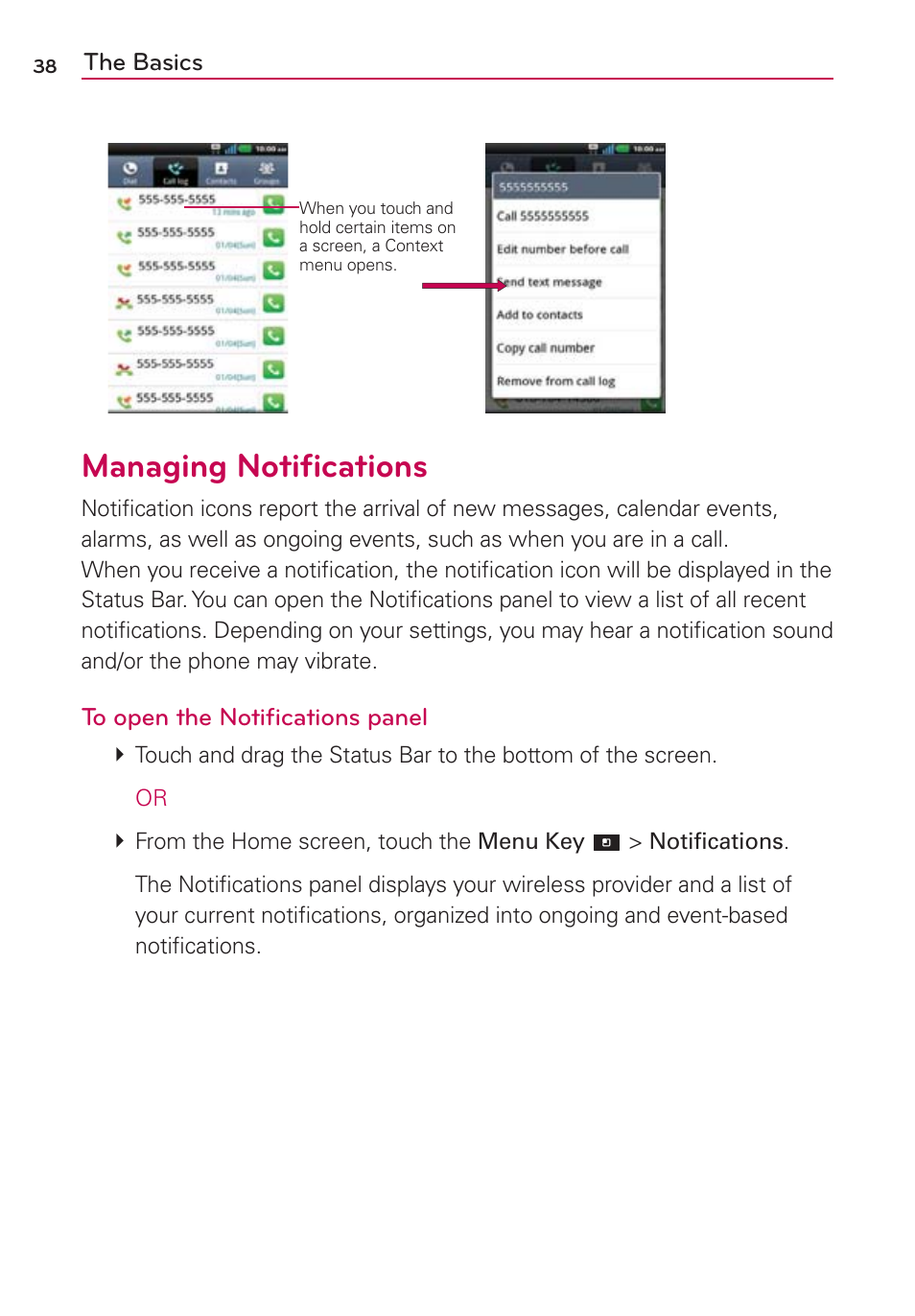 Managing notifications, Managing notiﬁcations | LG CONNECT 4G MFL67218101 User Manual | Page 40 / 415