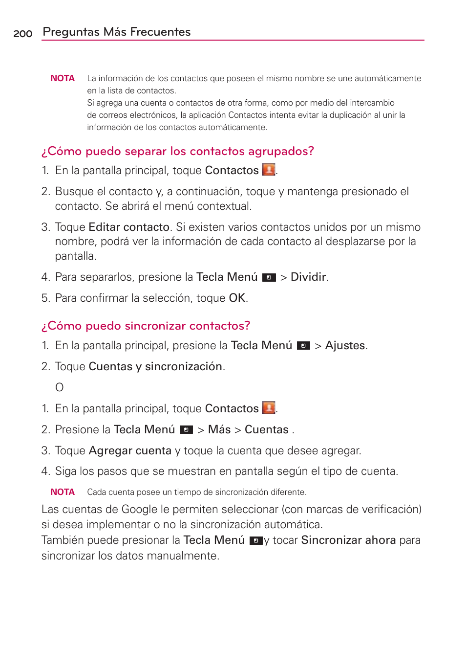 Preguntas más frecuentes, Cómo puedo separar los contactos agrupados, Cómo puedo sincronizar contactos | LG CONNECT 4G MFL67218101 User Manual | Page 406 / 415