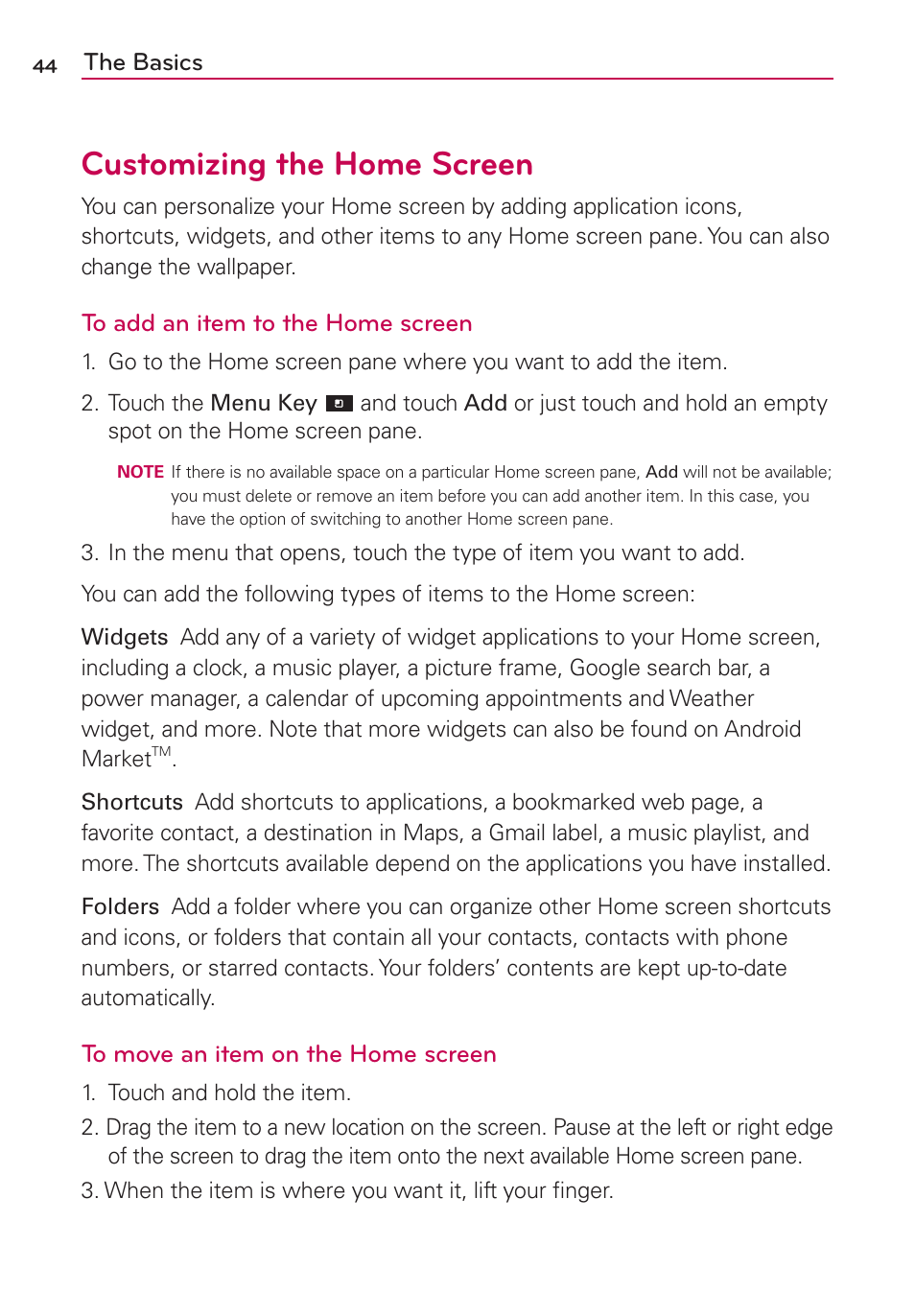 Customizing the home screen, The basics | LG CONNECT 4G MFL67218101 User Manual | Page 46 / 415