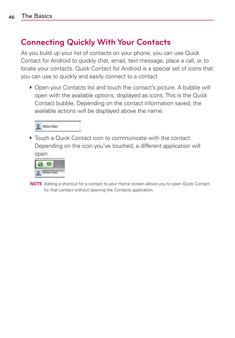 Connecting quickly with your contacts, The basics | LG CONNECT 4G MFL67218101 User Manual | Page 48 / 415