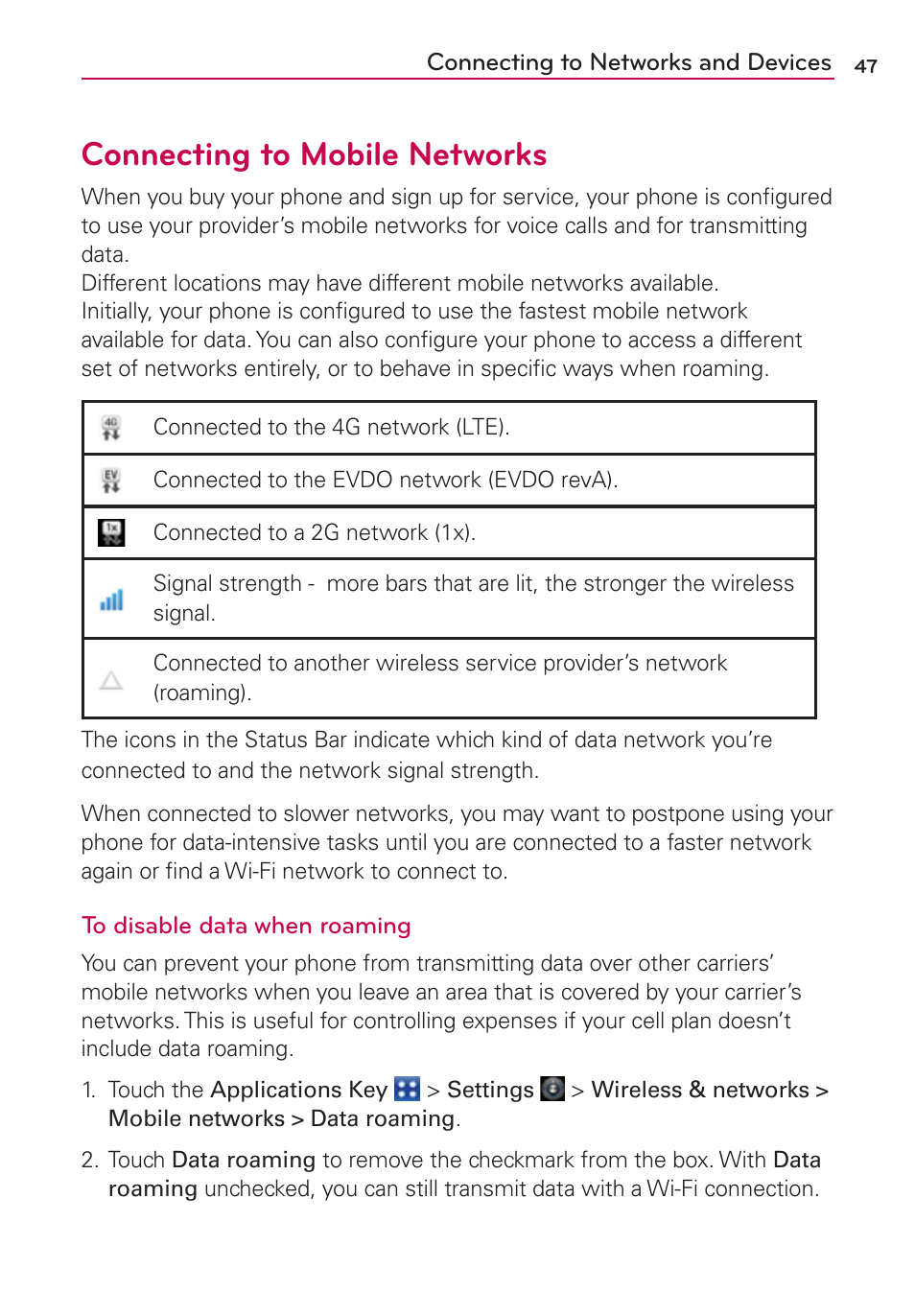 Connecting to networks and devices, Connecting to mobile networks | LG CONNECT 4G MFL67218101 User Manual | Page 49 / 415