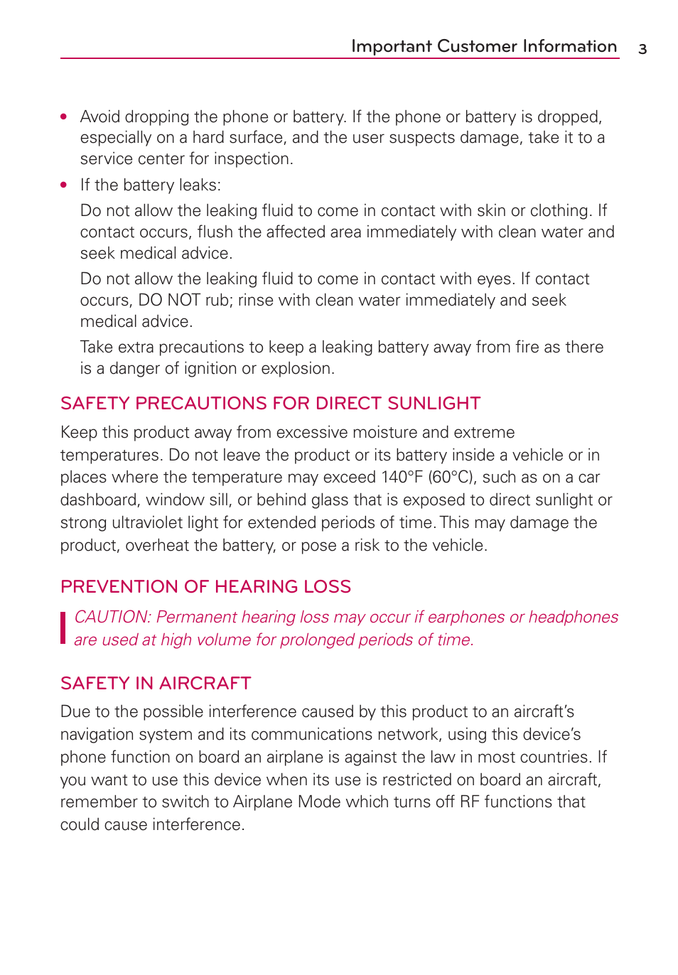 Important customer information, Safety precautions for direct sunlight, Prevention of hearing loss | Safety in aircraft | LG CONNECT 4G MFL67218101 User Manual | Page 5 / 415