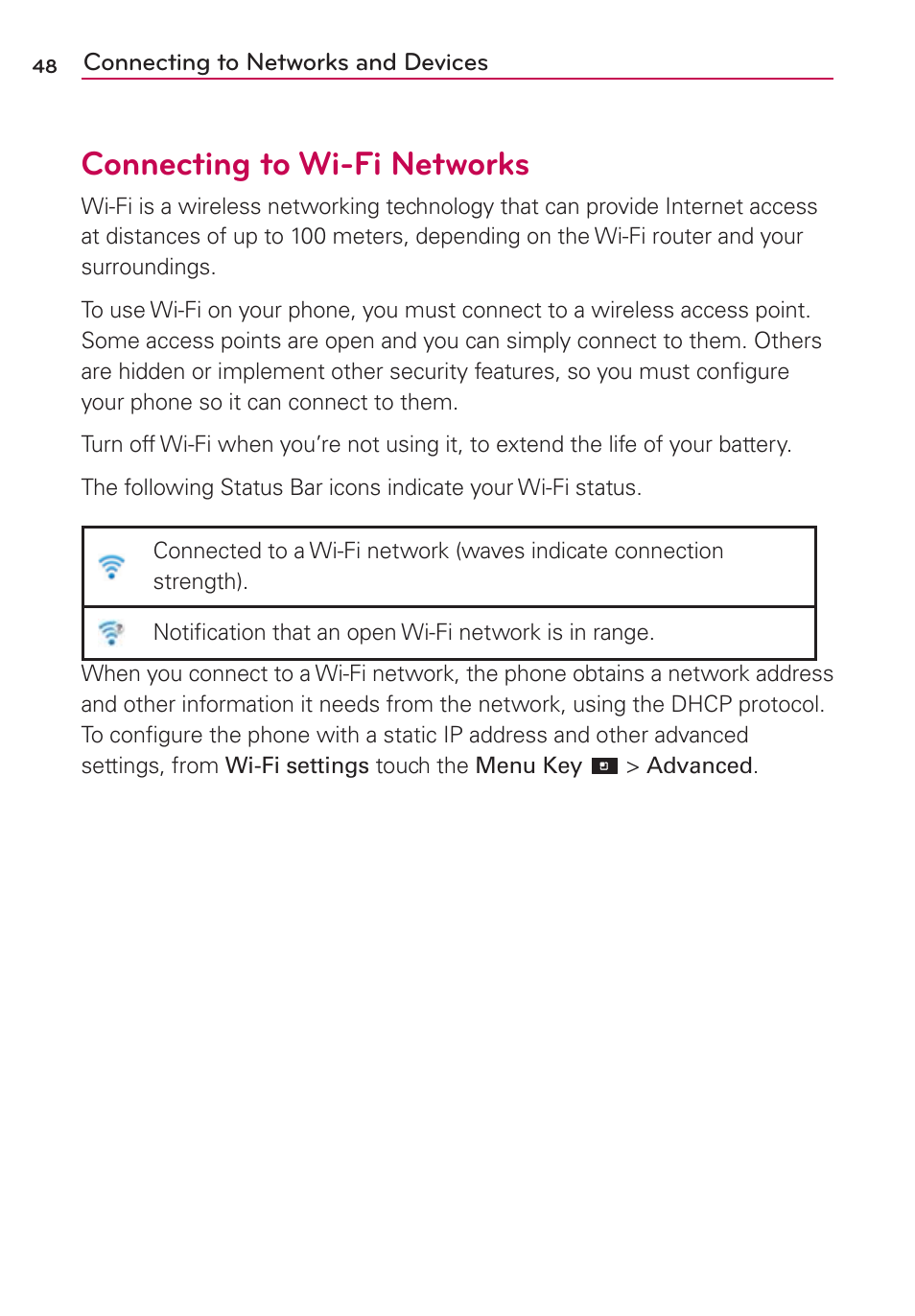 Connecting to wi-fi networks | LG CONNECT 4G MFL67218101 User Manual | Page 50 / 415