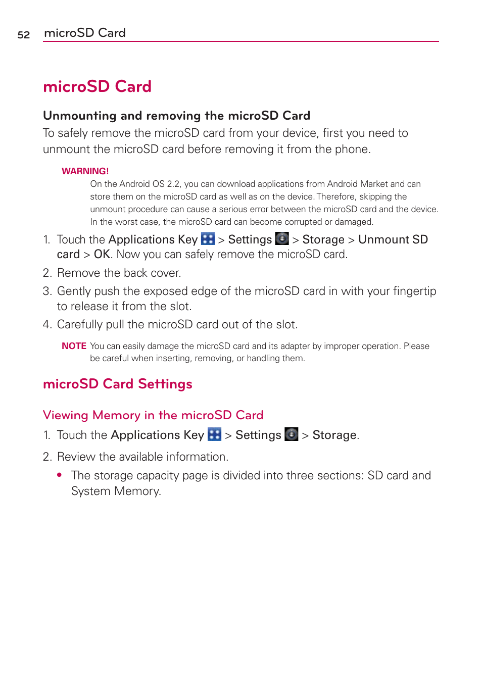 Microsd card, Microsd card settings, Unmounting and removing the microsd card | LG CONNECT 4G MFL67218101 User Manual | Page 54 / 415