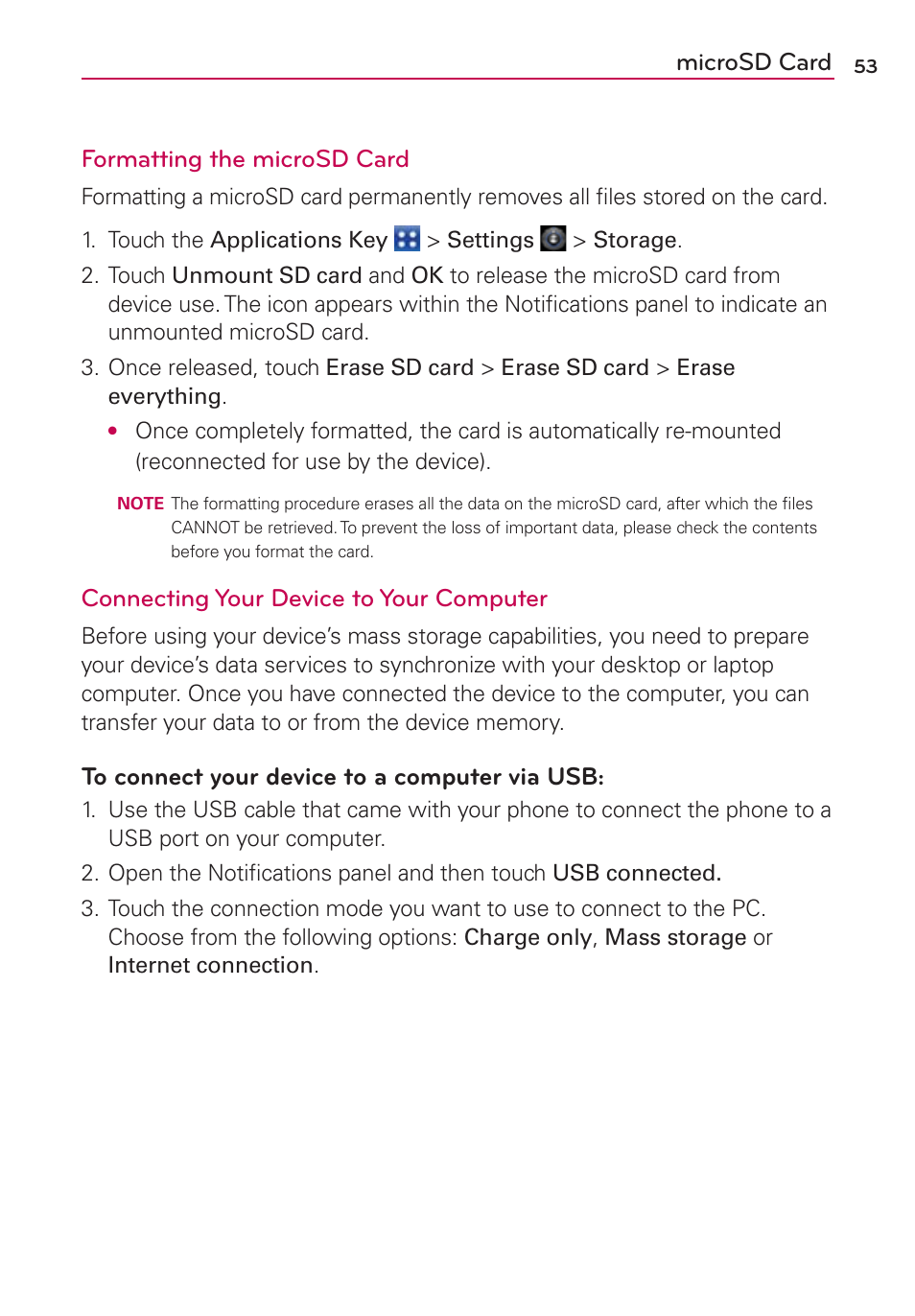 Microsd card formatting the microsd card, Connecting your device to your computer | LG CONNECT 4G MFL67218101 User Manual | Page 55 / 415