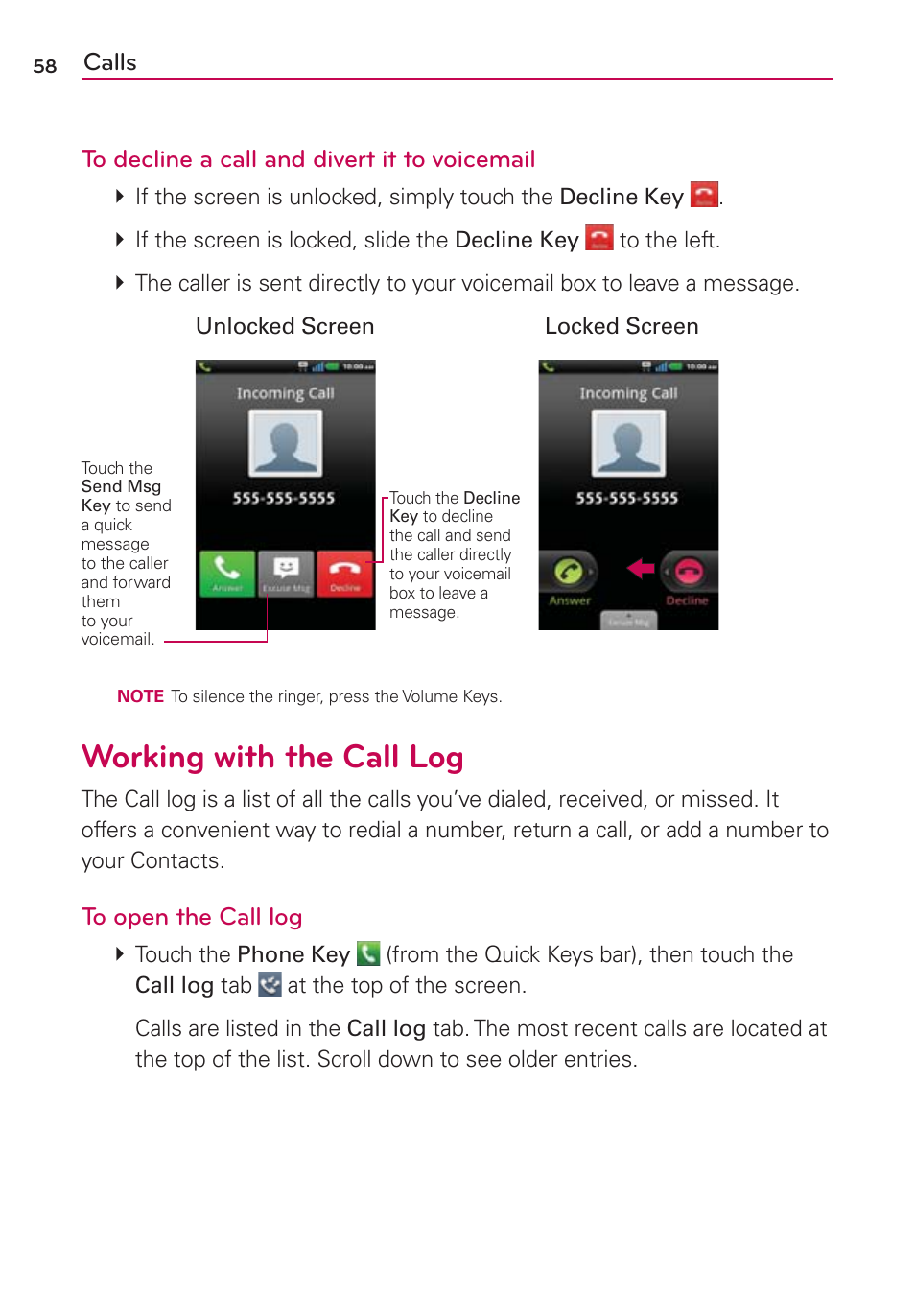 Working with the call log | LG CONNECT 4G MFL67218101 User Manual | Page 60 / 415