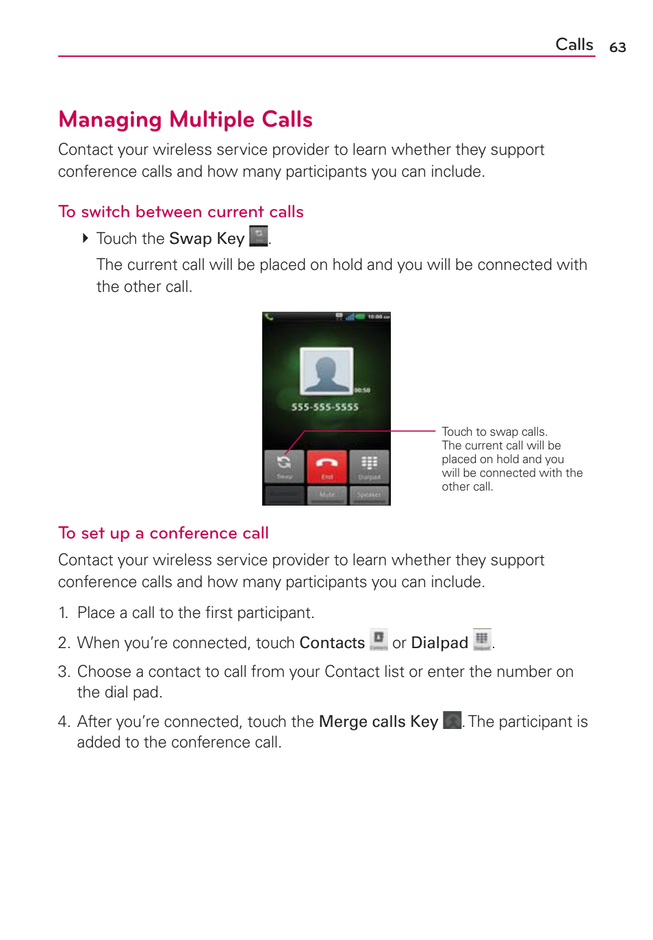 Managing multiple calls | LG CONNECT 4G MFL67218101 User Manual | Page 65 / 415