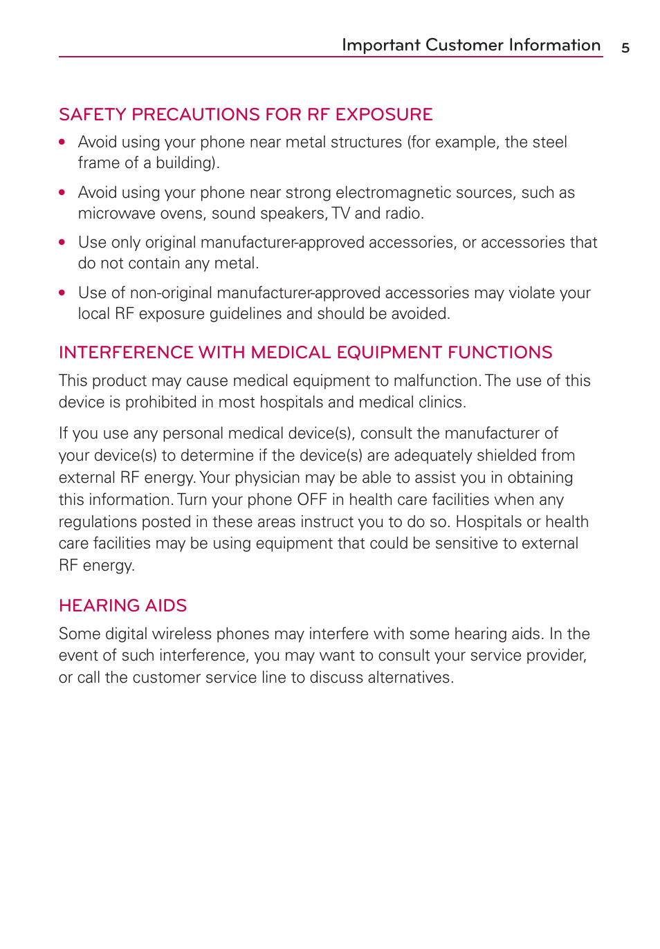 Interference with medical equipment functions, Hearing aids | LG CONNECT 4G MFL67218101 User Manual | Page 7 / 415