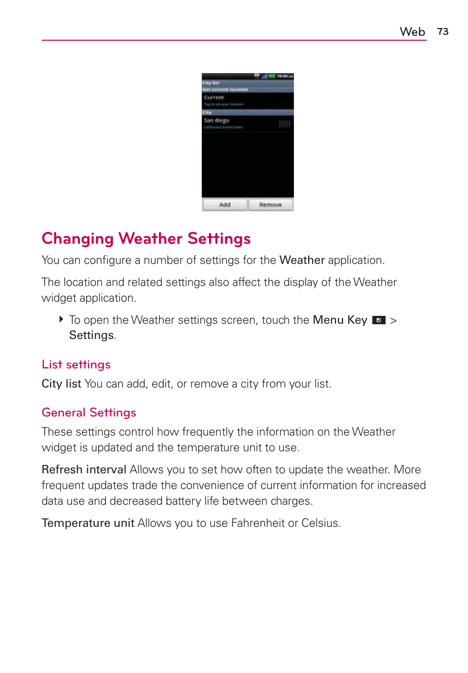 Changing weather settings | LG CONNECT 4G MFL67218101 User Manual | Page 75 / 415