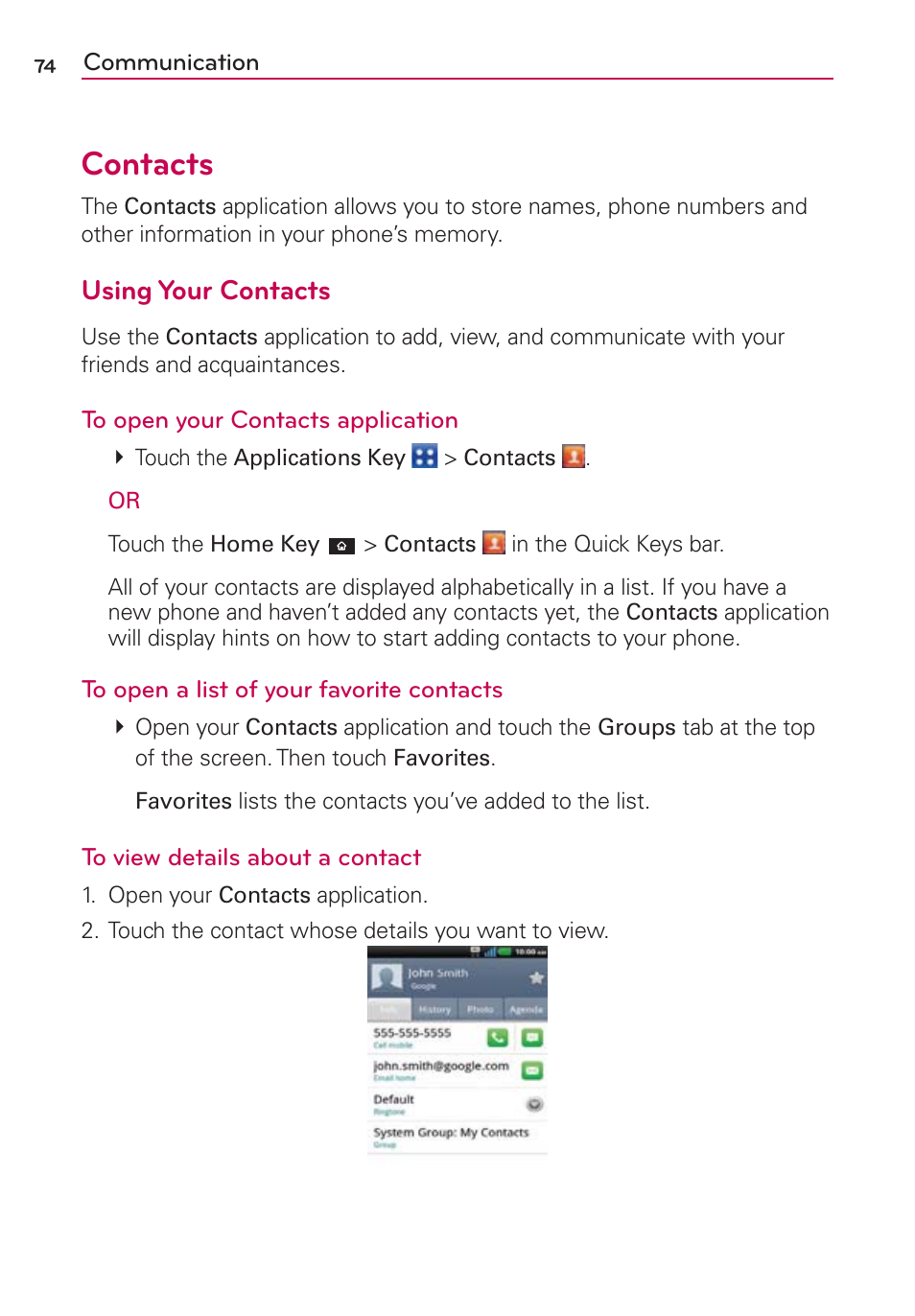 Communication, Contacts, Using your contacts | LG CONNECT 4G MFL67218101 User Manual | Page 76 / 415