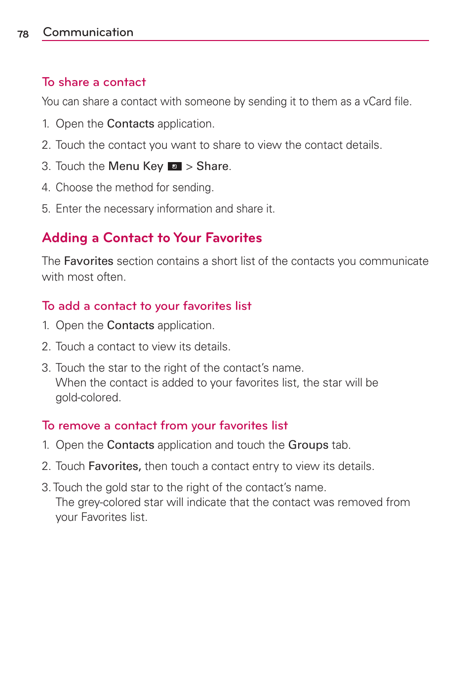 Adding a contact to your favorites | LG CONNECT 4G MFL67218101 User Manual | Page 80 / 415