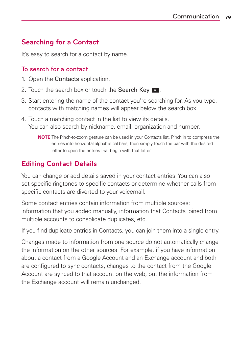 Searching for a contact, Editing contact details, Communication | LG CONNECT 4G MFL67218101 User Manual | Page 81 / 415
