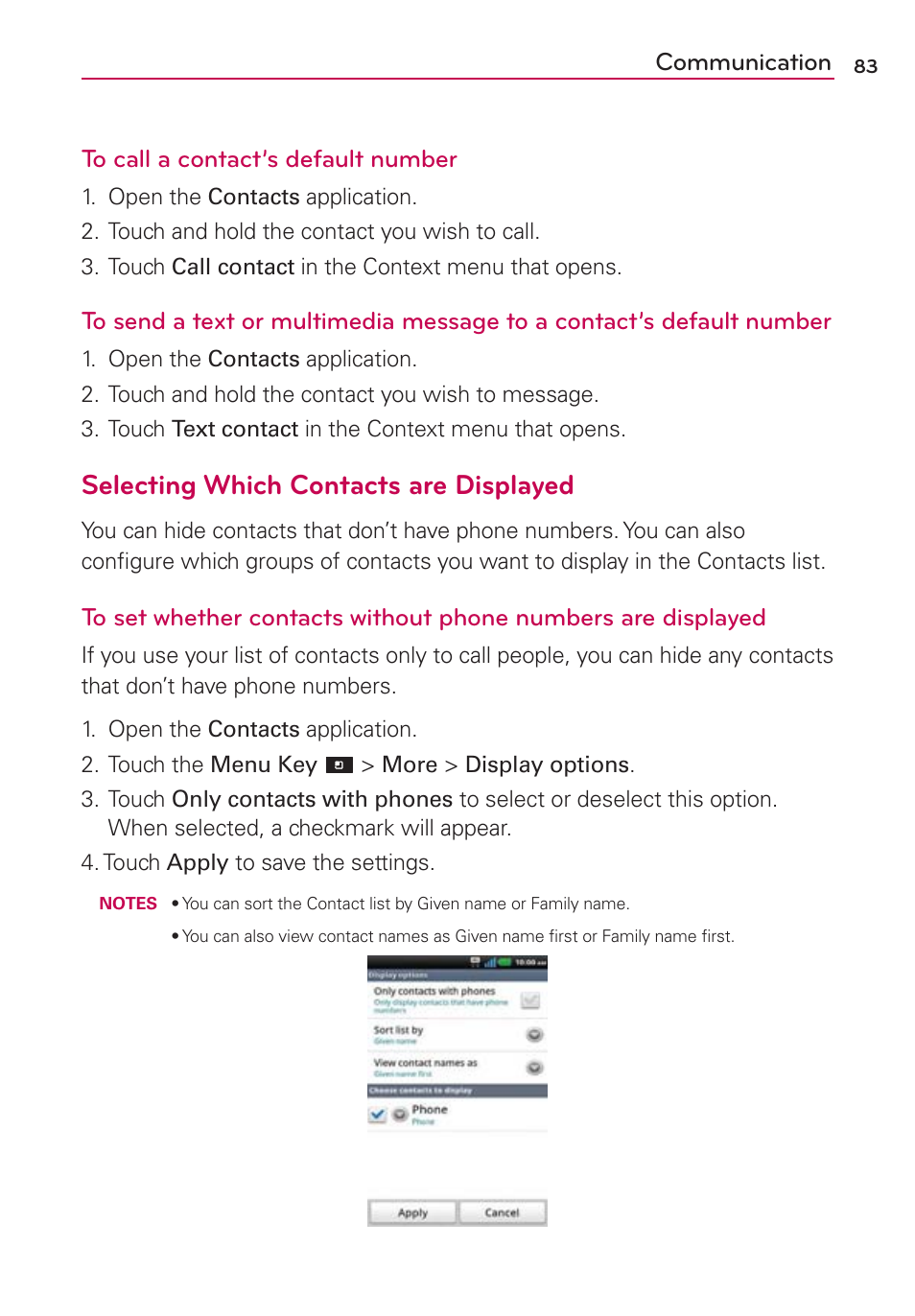 Selecting which contacts are displayed, Communication to call a contact’s default number | LG CONNECT 4G MFL67218101 User Manual | Page 85 / 415