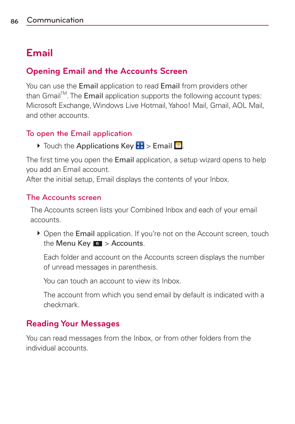 Email, Opening email and the accounts screen, Reading your messages | LG CONNECT 4G MFL67218101 User Manual | Page 88 / 415