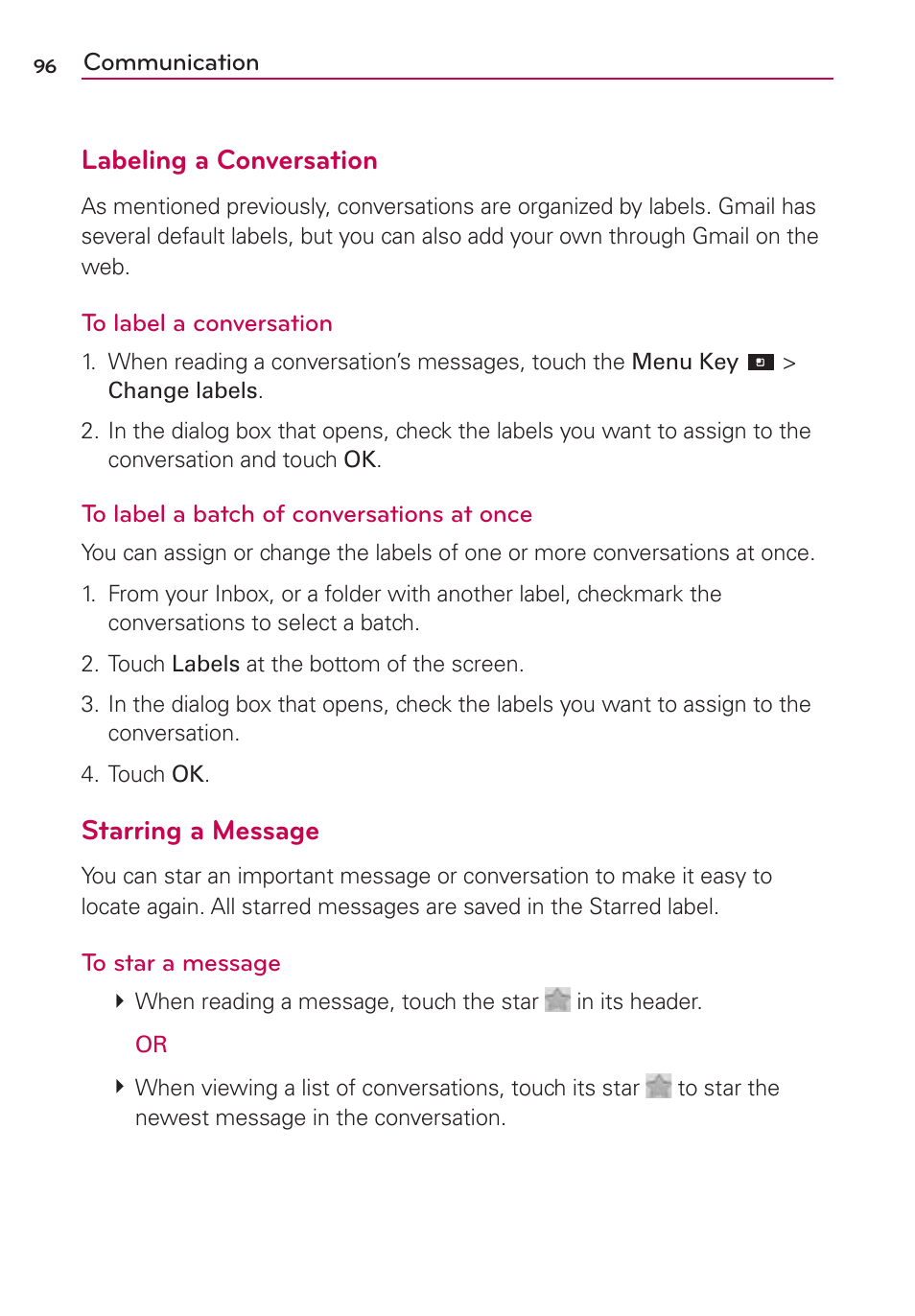 Labeling a conversation, Starring a message | LG CONNECT 4G MFL67218101 User Manual | Page 98 / 415