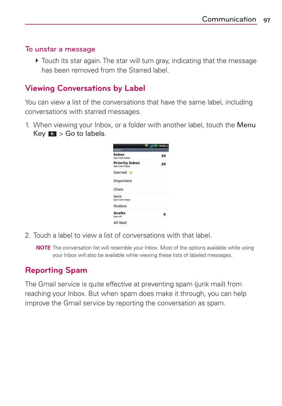 Viewing conversations by label, Reporting spam | LG CONNECT 4G MFL67218101 User Manual | Page 99 / 415