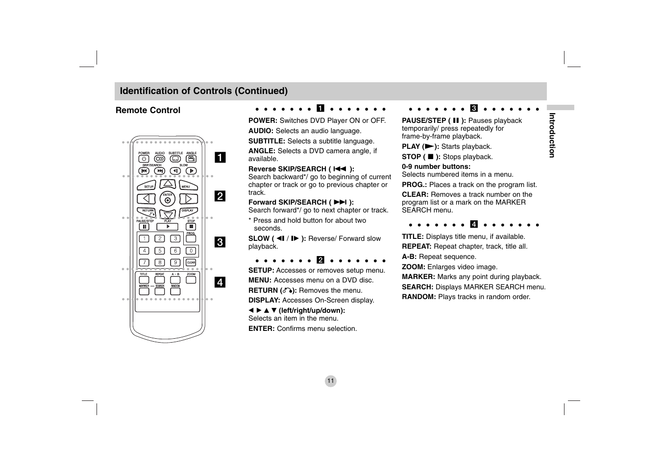 Ab c d, Identification of controls (continued), Remote control | LG DP781 User Manual | Page 11 / 44