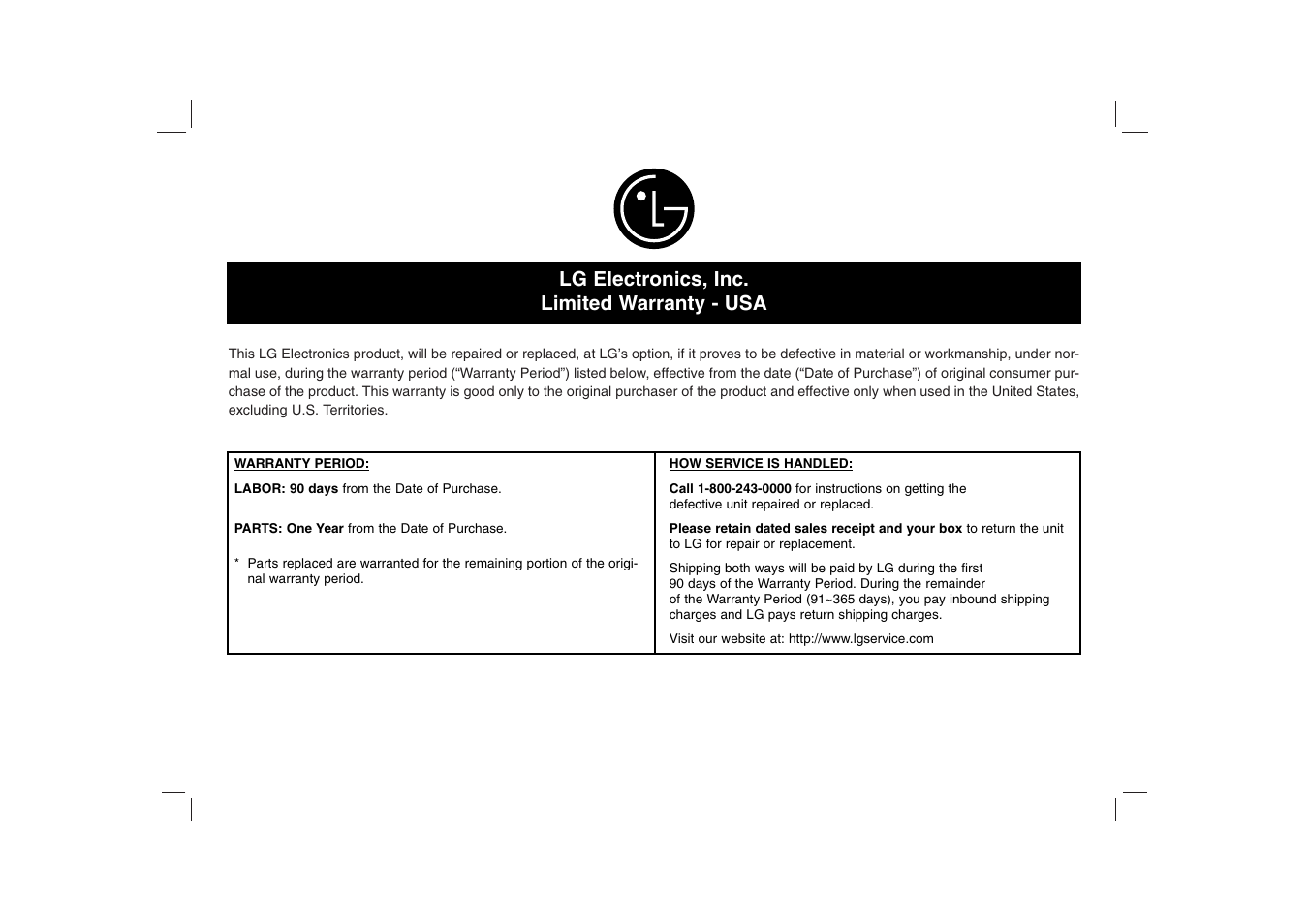 Lg electronics, inc. limited warranty - usa | LG DP781 User Manual | Page 43 / 44