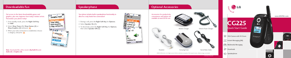 Cg225, Check 207 spot check jack cmyk, Optional accessories | Speakerphone, Downloadable fun, Quick start guide, Carrying case | LG CG225 User Manual | Page 8 / 8