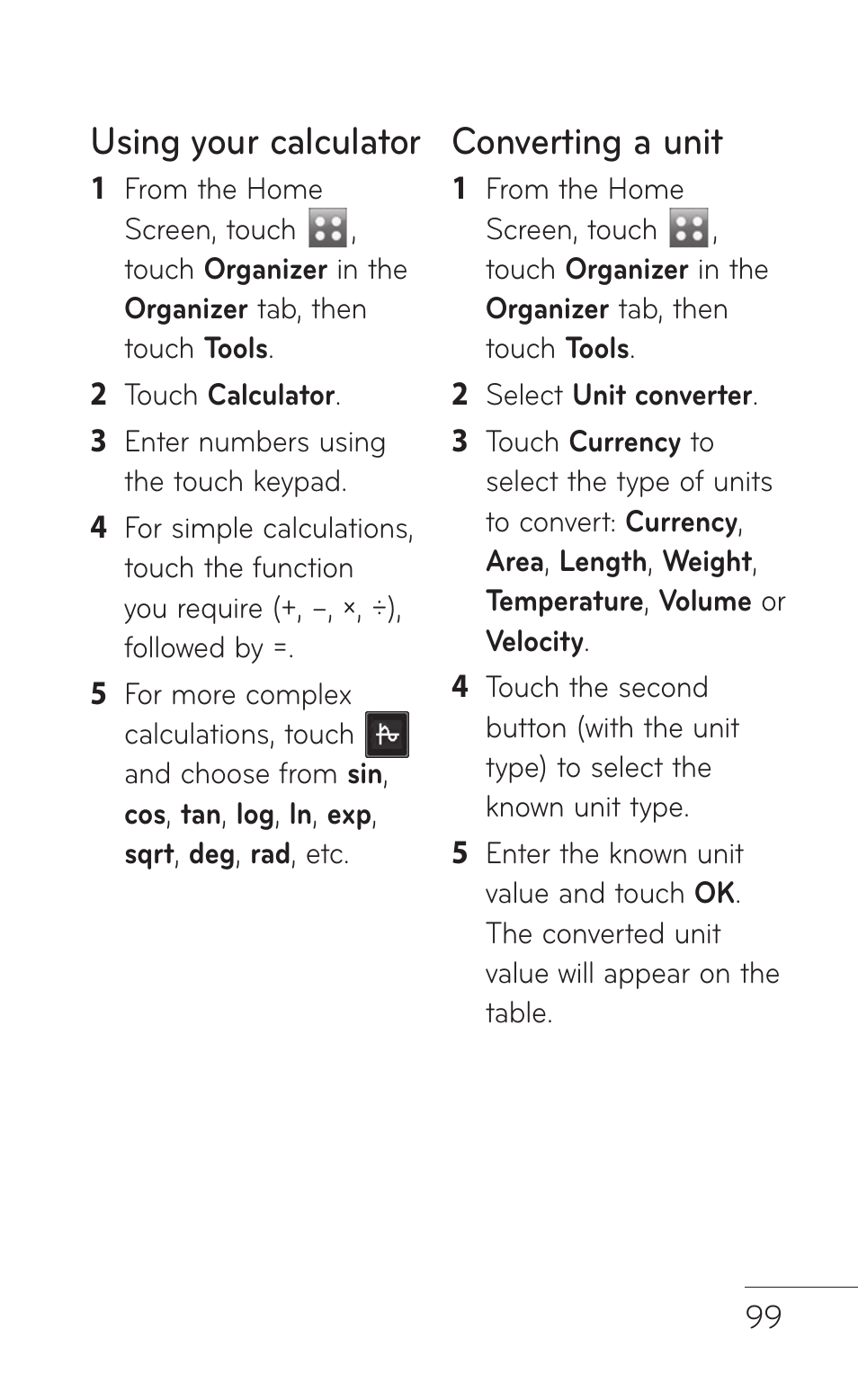 Using your calculator, Converting a unit | LG B016222 User Manual | Page 101 / 122