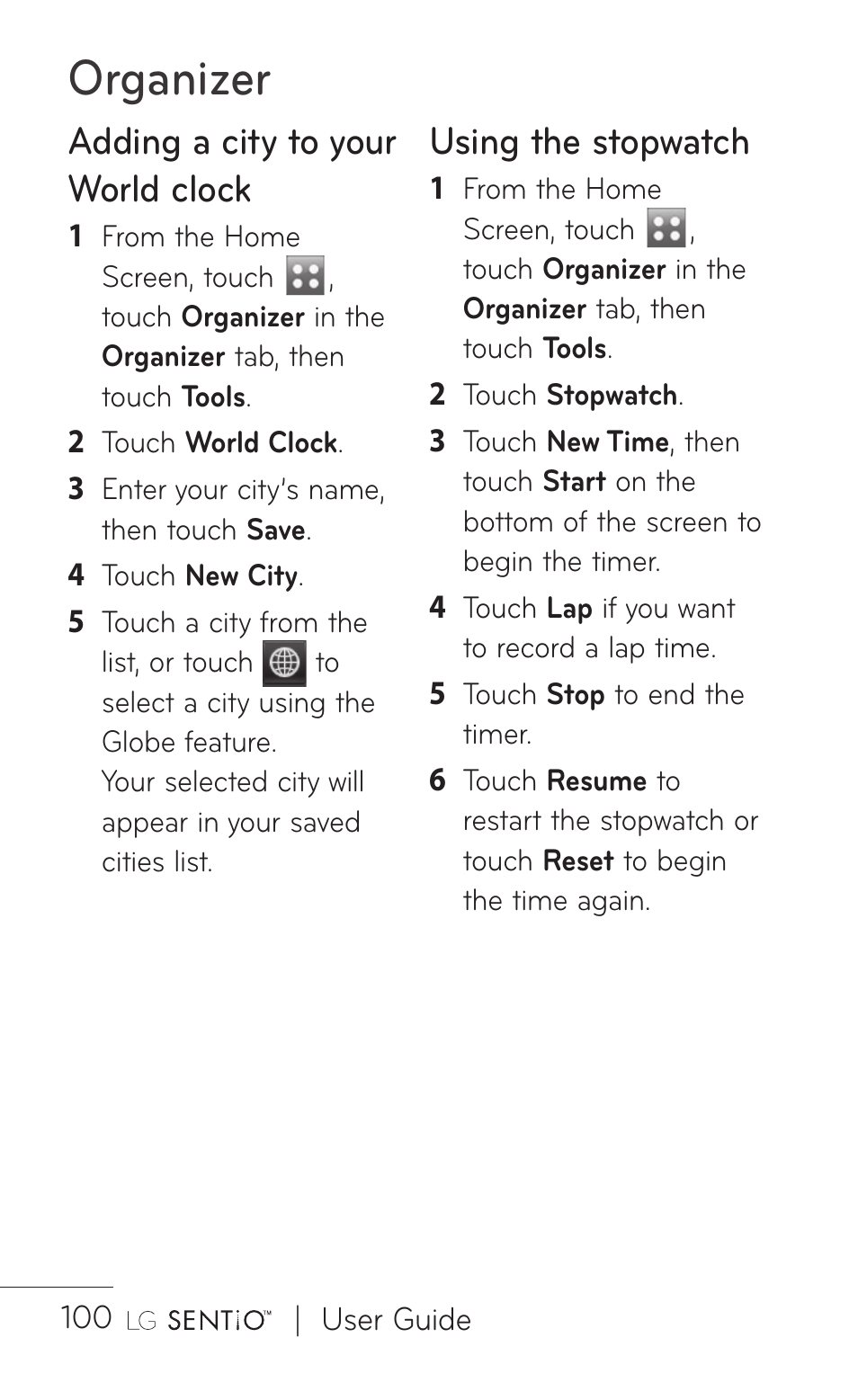 Organizer, Adding a city to your world clock, Using the stopwatch | LG B016222 User Manual | Page 102 / 122