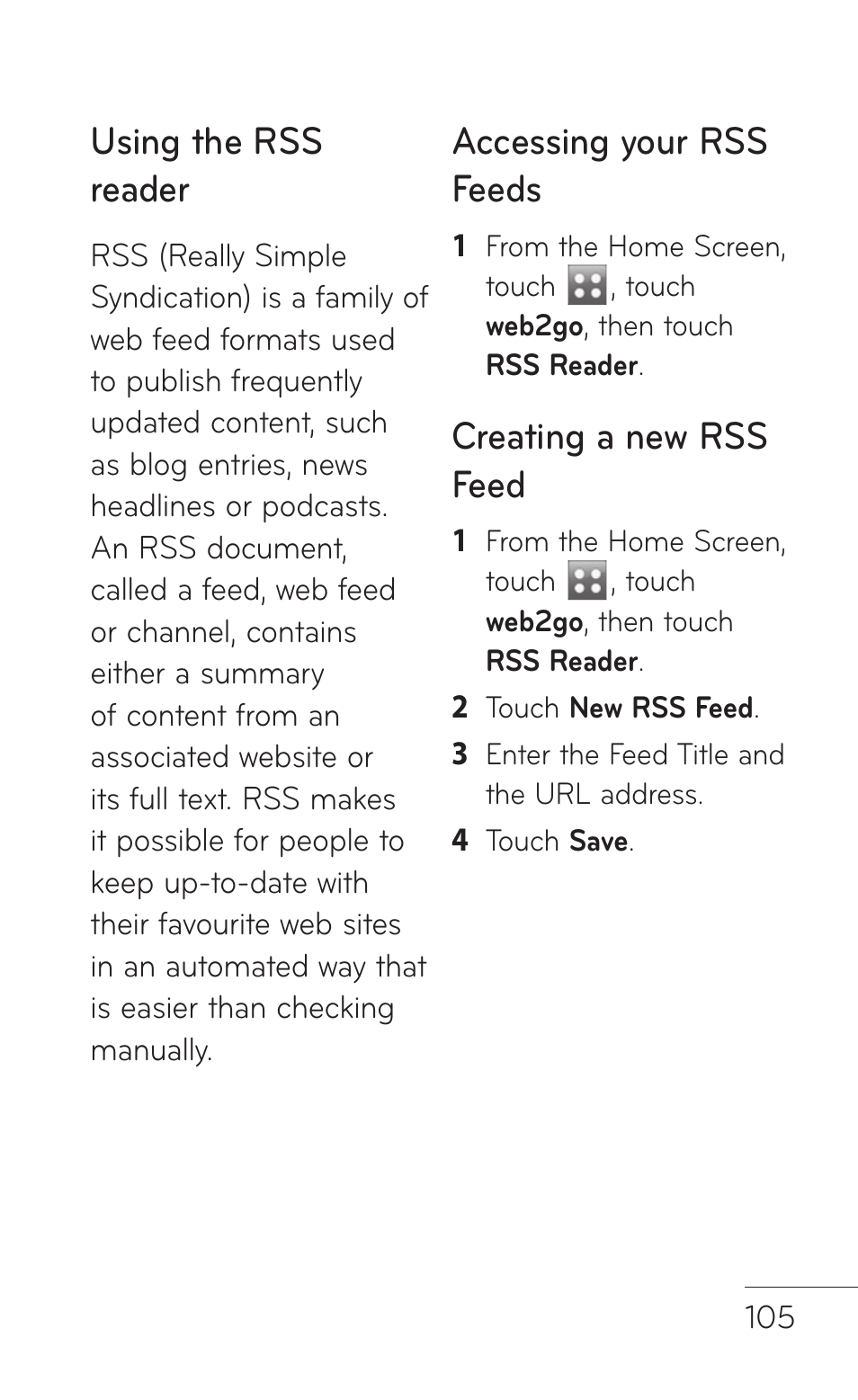 Using the rss reader, Accessing your rss feeds, Creating a new rss feed | LG B016222 User Manual | Page 107 / 122