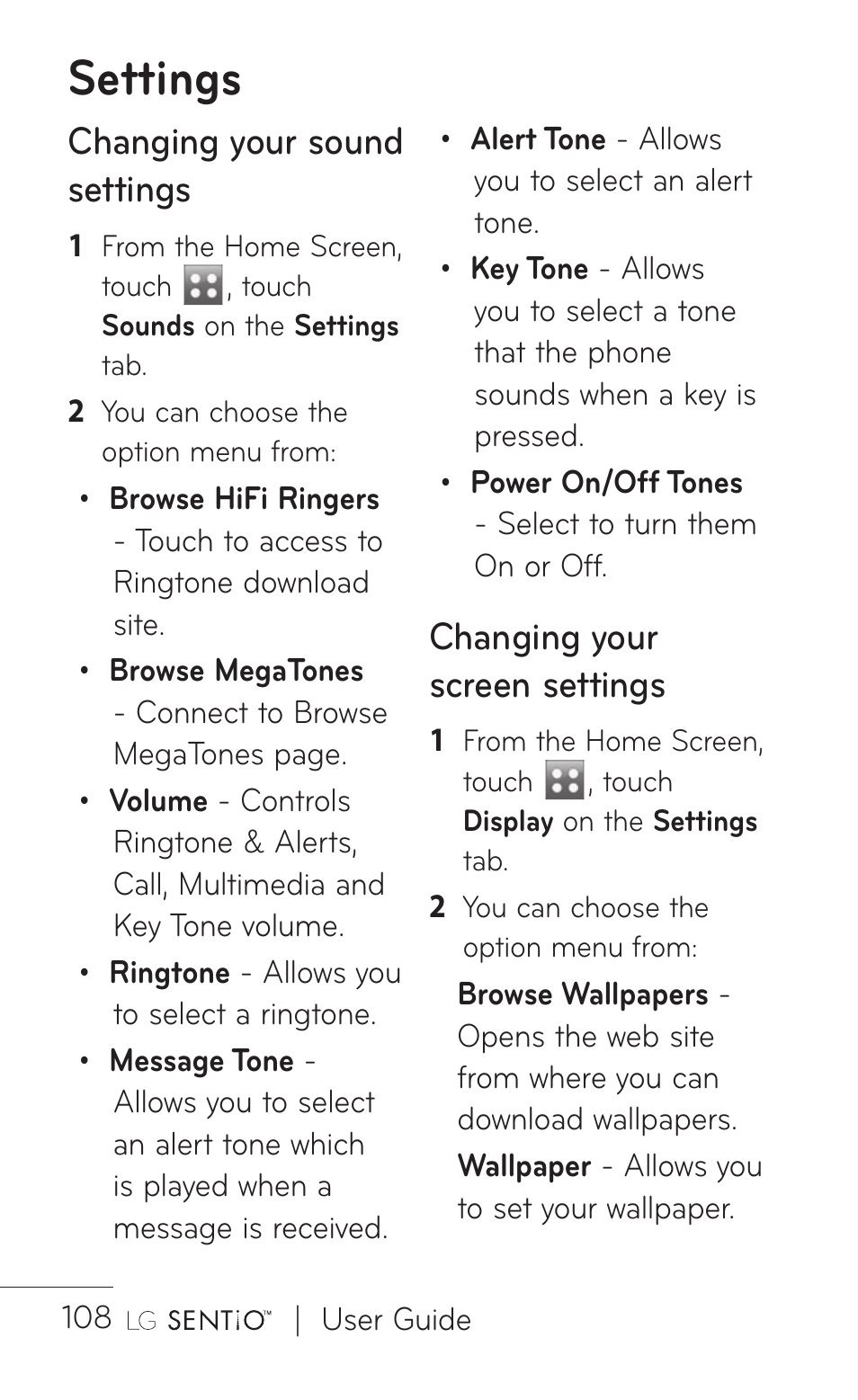 Settings, Changing your sound settings, Changing your screen settings | LG B016222 User Manual | Page 110 / 122