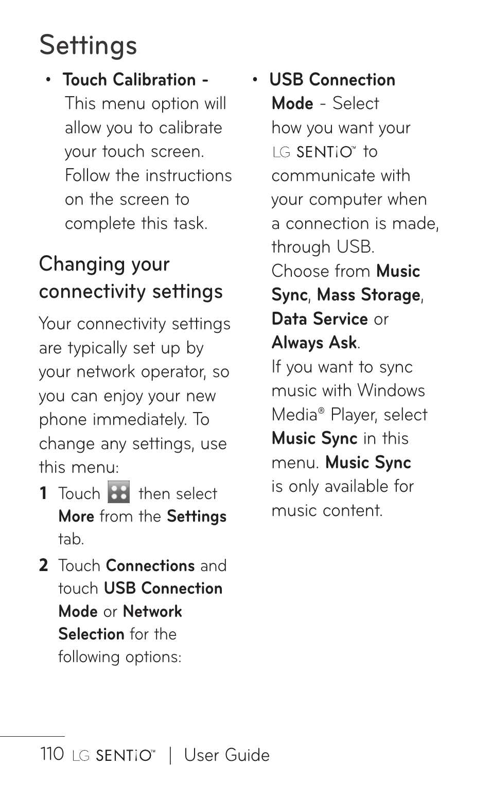 Settings, Changing your connectivity settings | LG B016222 User Manual | Page 112 / 122